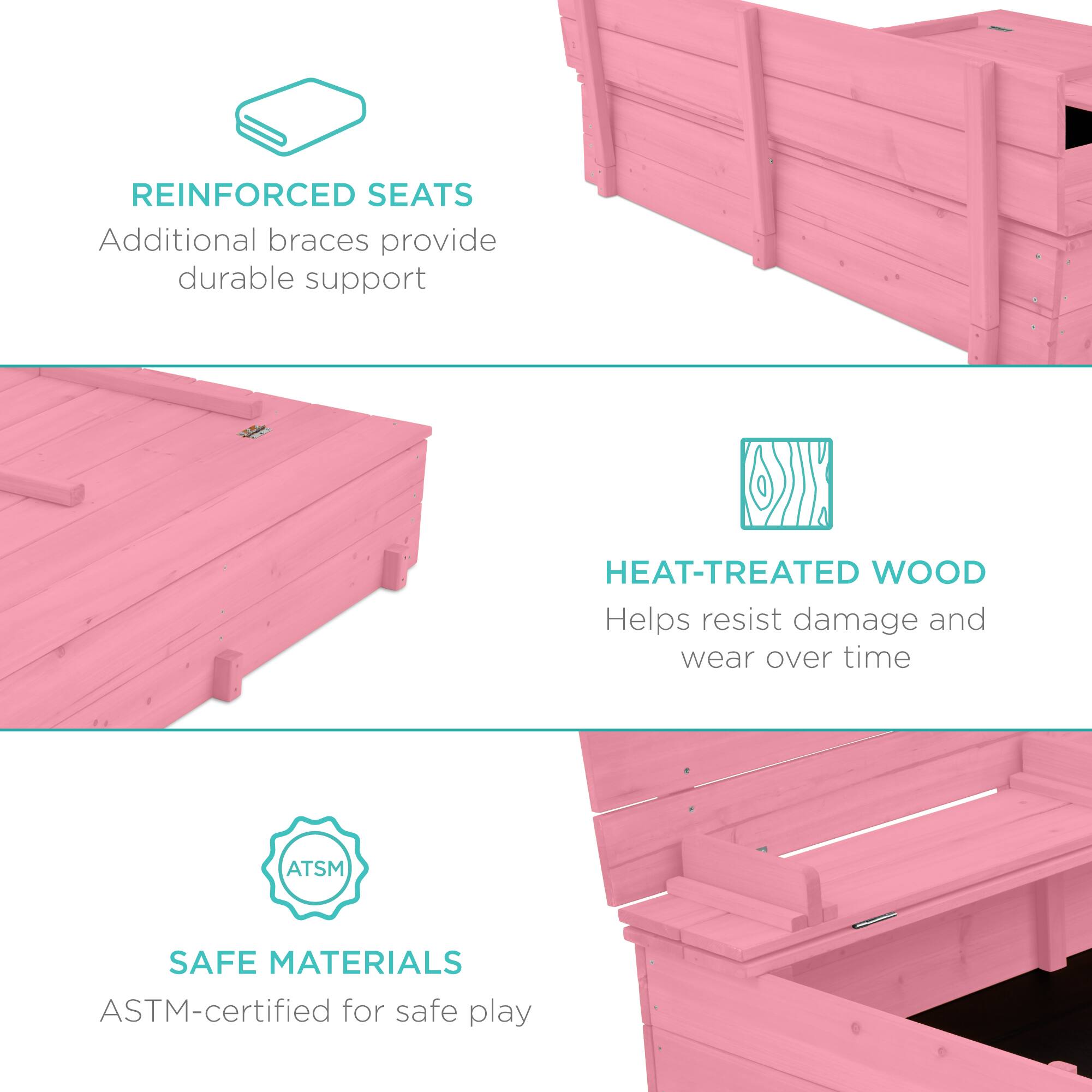 REINFORCED SEATS  
Additional braces provide durable support  

HEAT-TREATED WOOD  
Helps resist damage and wear over time  

SAFE MATERIALS  
ASTM-certified for safe play