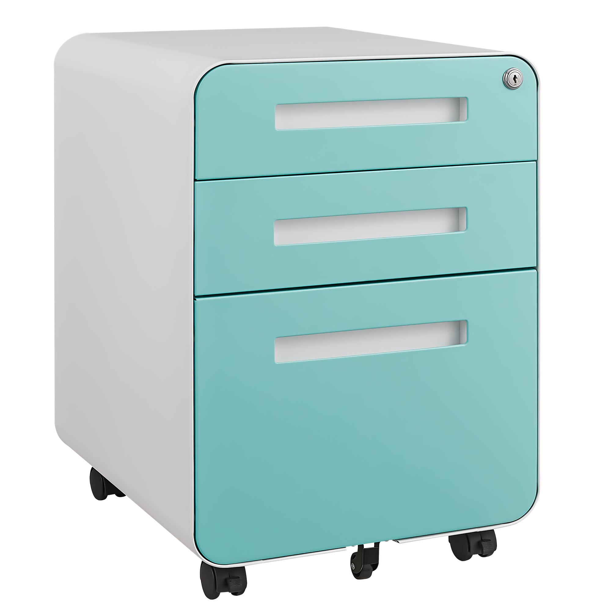 Angle. GOODSILO - 3-Drawer Mobile File Cabinet Under Desk - Versatile Storage for Legal/Letter/A4 Files, Anti-Tilting, Steel - White+Green.