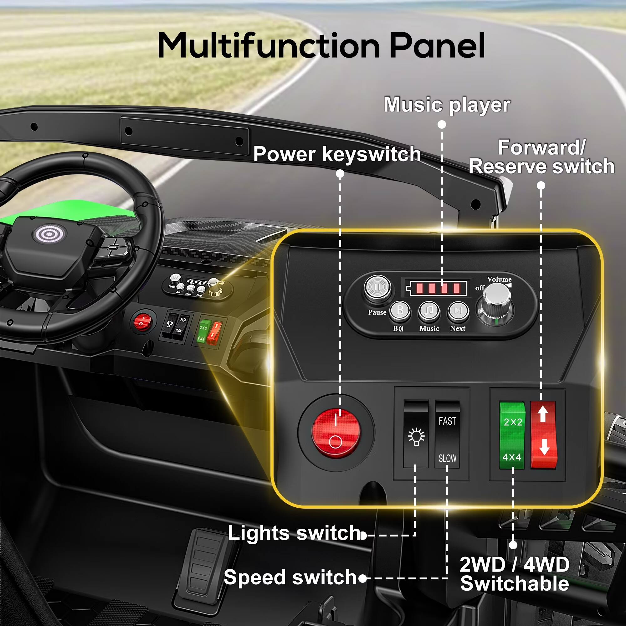 Multifunction Panel

- Music player
- Power keyswitch
- Forward/ Reserve switch
- Volume off
- Pause (B)
- Music Next
- FAST SLOW
- 2X2 4X4
- Lights switch
- Speed switch
- 2WD / 4WD Switchable