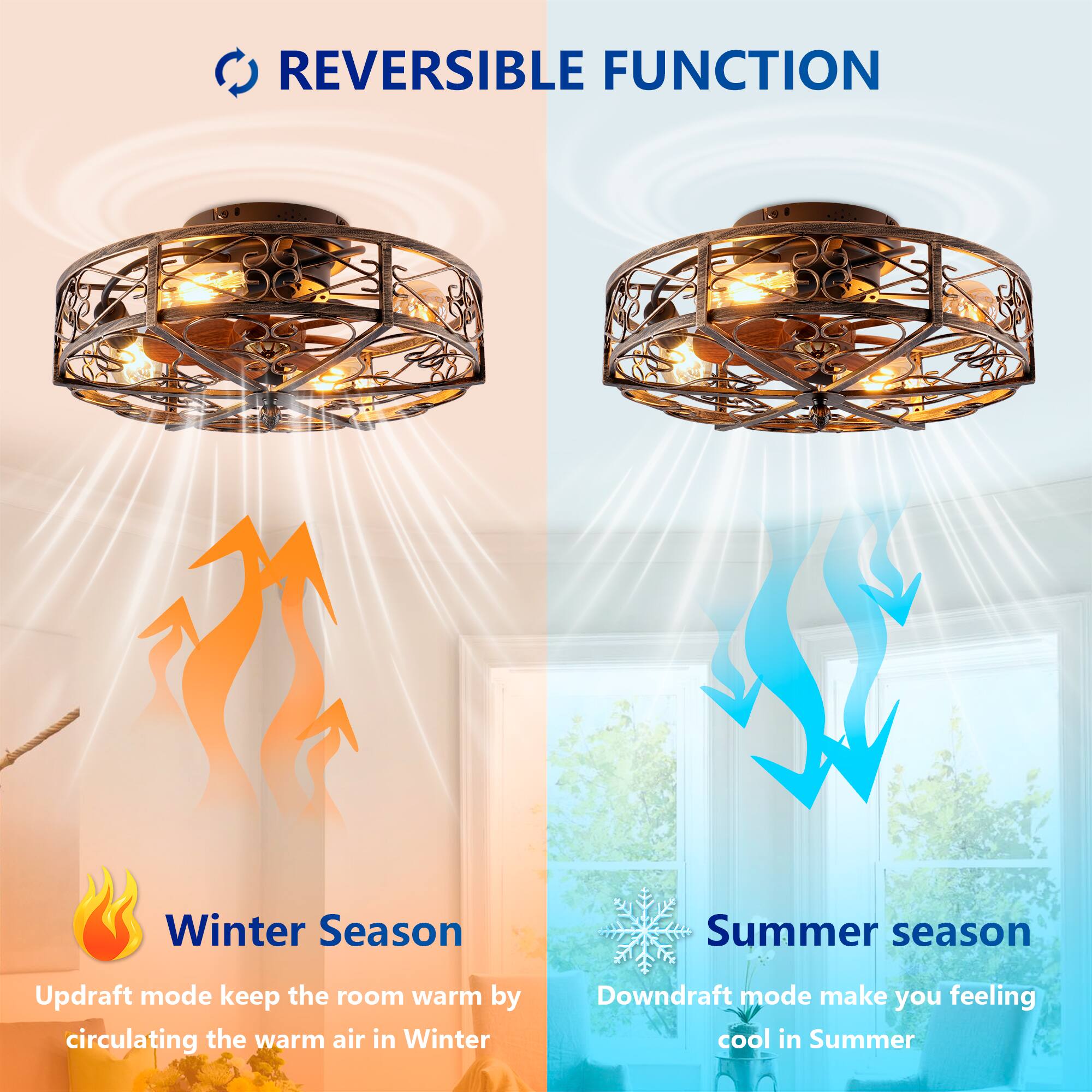 REVERSIBLE FUNCTION

Winter Season  
Updraft mode keeps the room warm by circulating the warm air in Winter

Summer Season  
Downdraft mode makes you feel cool in Summer