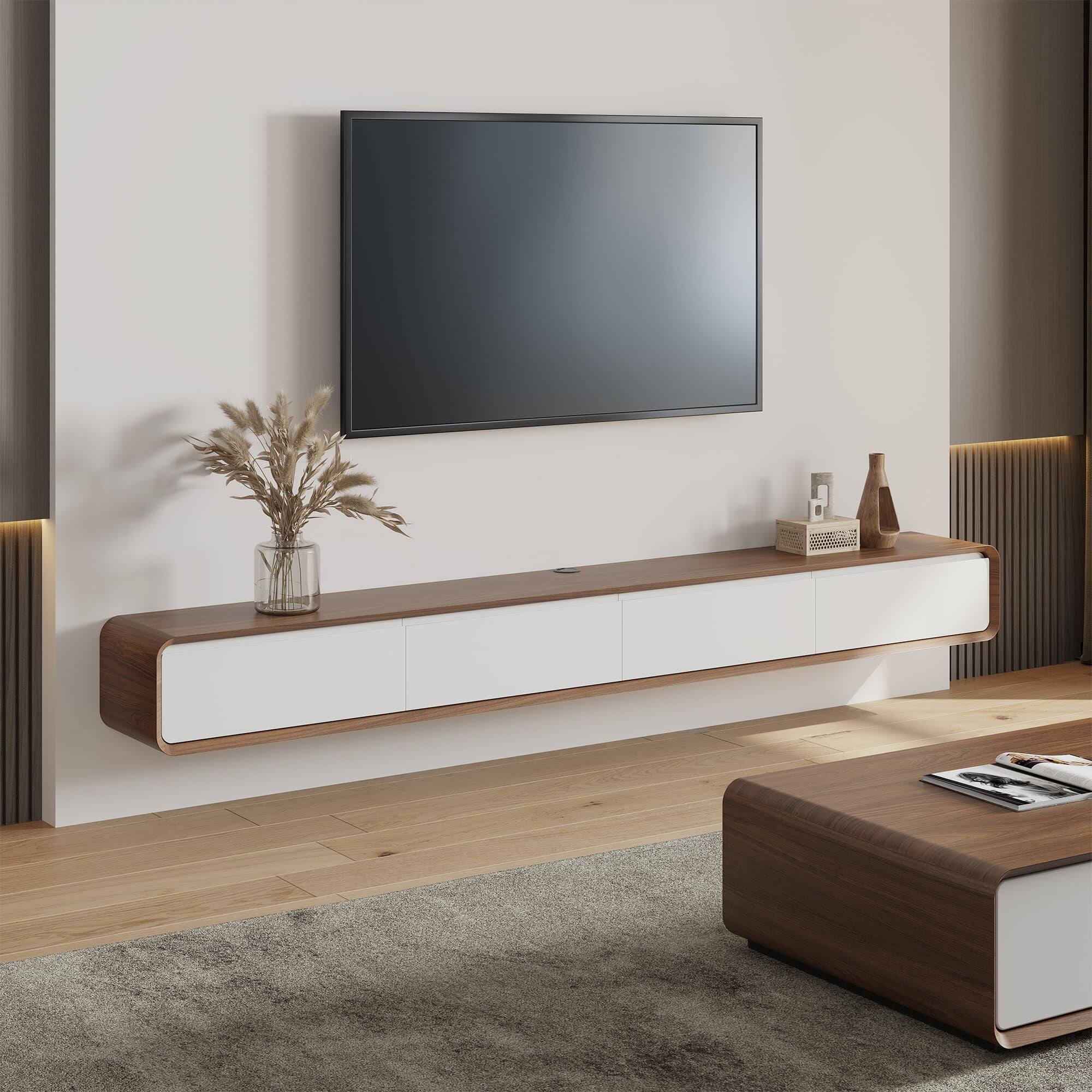 Angle. POVISON - 95" Minimalist Floating TV Stand,White & Brown - White & Brown.