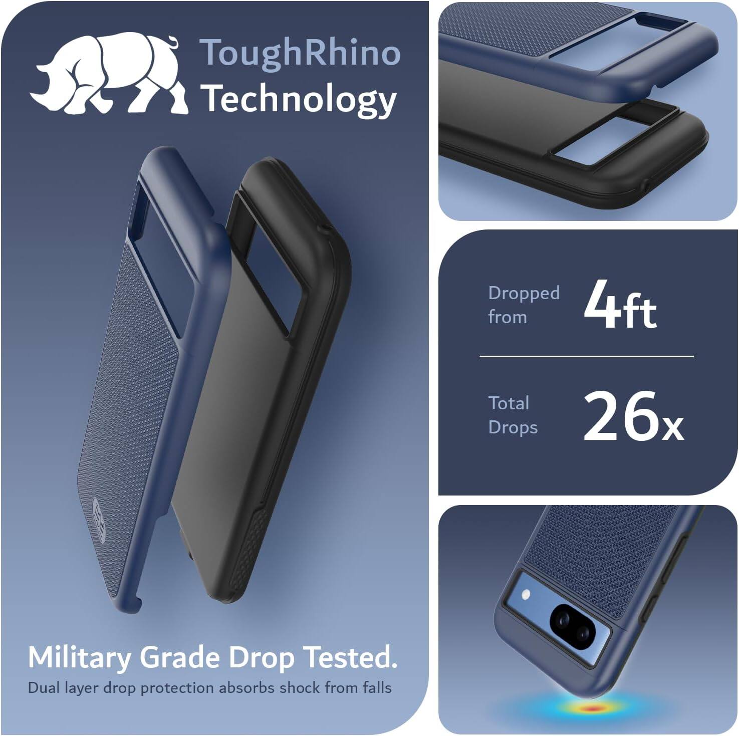 ToughRhino Technology

Dropped from 4ft

Total Drops 26x

Military Grade Drop Tested.
Dual layer drop protection absorbs shock from falls