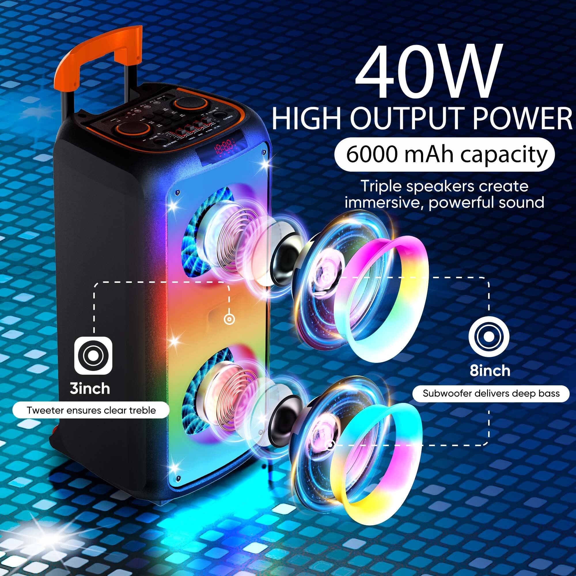 40W HIGH OUTPUT POWER  
6000 mAh capacity  

Triple speakers create immersive, powerful sound  

3inch Tweeter ensures clear treble  
8inch Subwoofer delivers deep bass