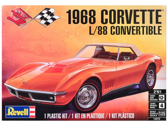 1968 CORVETTE L/88 CONVERTIBLE
L88 427
Revell
1 PLASTIC KIT / 1 KIT EN PLASTIQUE / 1 KIT PLÁSTICO
2'N1
AGES ANS 12+ EDADES
LEVEL NIVEAU 4 NIVEL
SCALE ECHELLE 1:25 ESCALA
14572