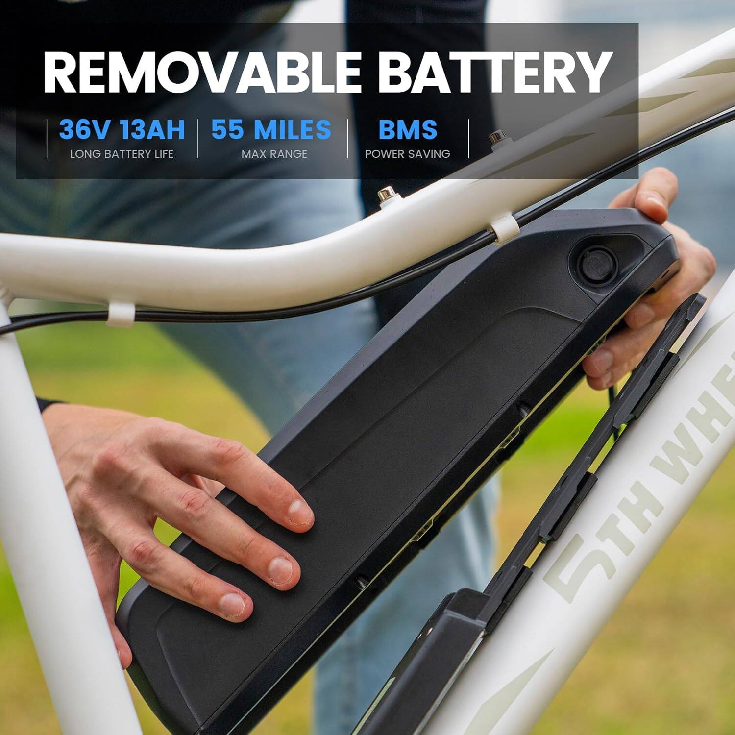 REMOVABLE BATTERY  
36V 13AH  
LONG BATTERY LIFE  
55 MILES  
MAX RANGE  
BMS  
POWER SAVING