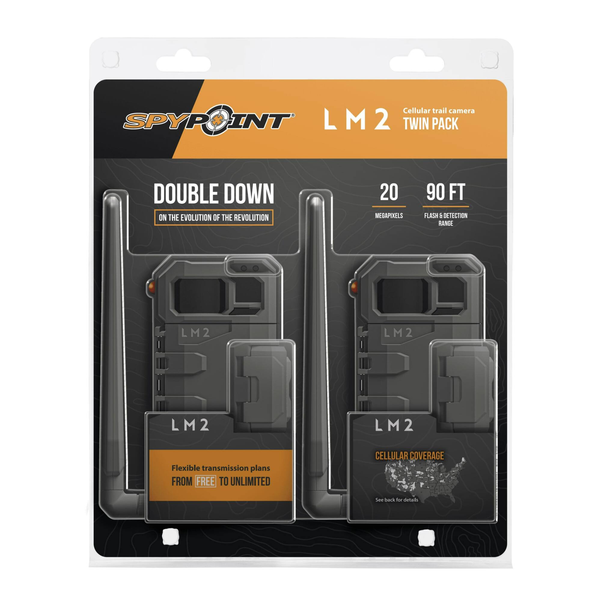 Cellular trail camera  
SPYPOINT  
LM2 TWIN PACK  

DOUBLE DOWN  
ON THE EVOLUTION OF THE REVOLUTION  

20 MEGAPIXELS  
90 FT FLASH DETECTION RANGE  

Flexible transmission plans  
FROM FREE TO UNLIMITED  

CELLULAR COVERAGE  
See back for details