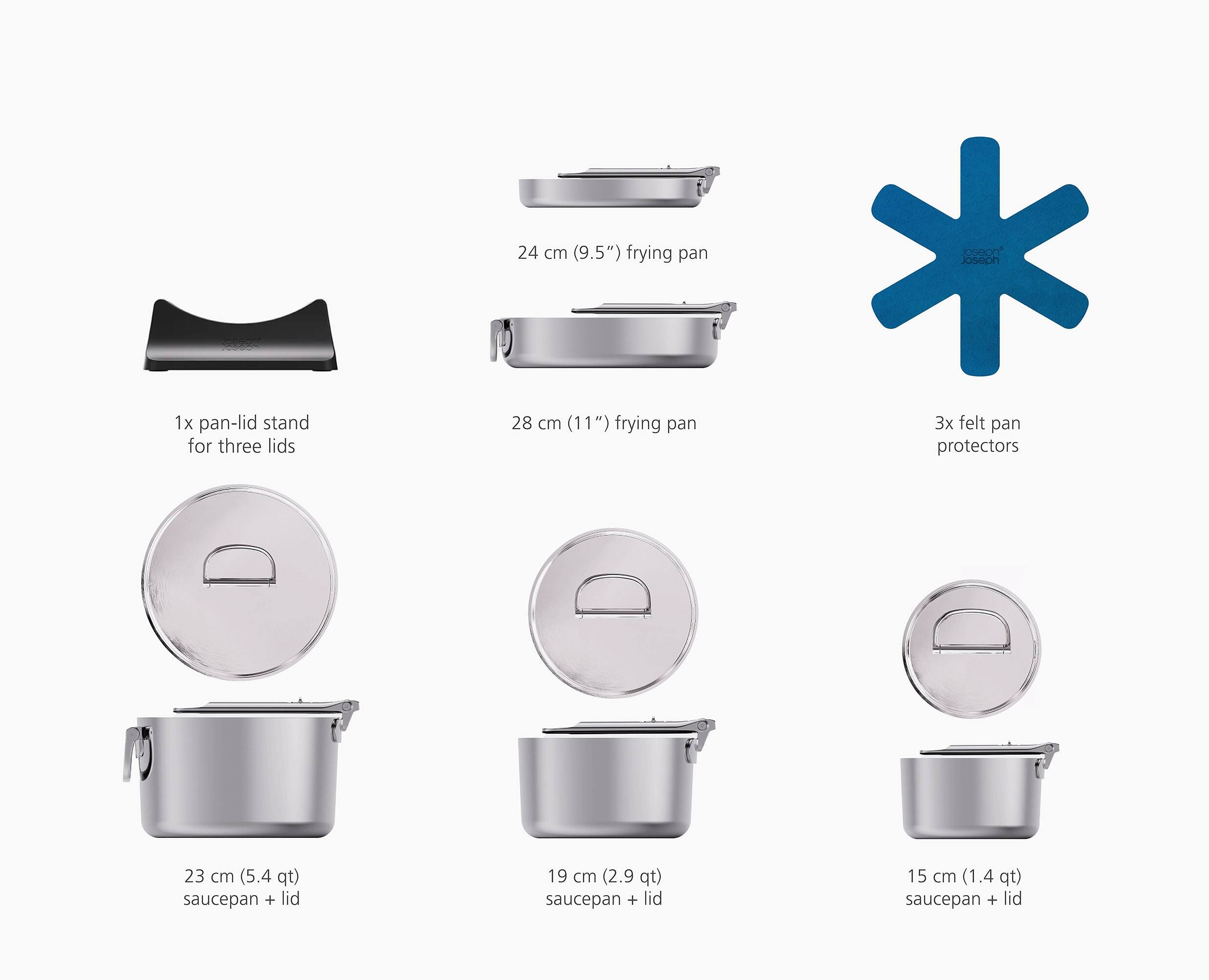 24 cm (9.5") frying pan  
1x pan-lid stand for three lids  
28 cm (11") frying pan  
3x felt pan protectors  
23 cm (5.4 qt) saucepan + lid  
19 cm (2.9 qt) saucepan + lid  
15 cm (1.4 qt) saucepan + lid