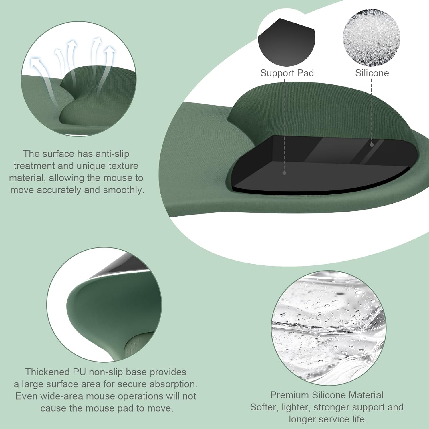 Support Pad Silicone

The surface has anti-slip treatment and unique texture material, allowing the mouse to move accurately and smoothly.

Thickened PU non-slip base provides a large surface area for secure absorption. Even wide-area mouse operations will not cause the mouse pad to move.

Premium Silicone Material
Softer, lighter, stronger support and longer service life.