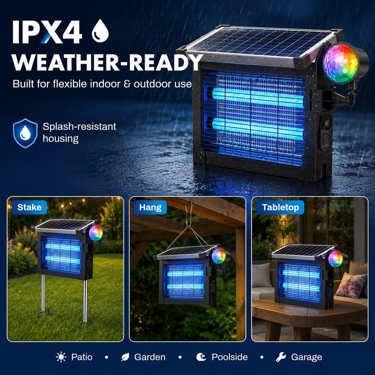 IPX4 WEATHER-READY  
Built for flexible indoor & outdoor use  
Splash-resistant housing  

Stake  
Hang  
Tabletop  

Patio  
Garden  
Poolside  
Garage