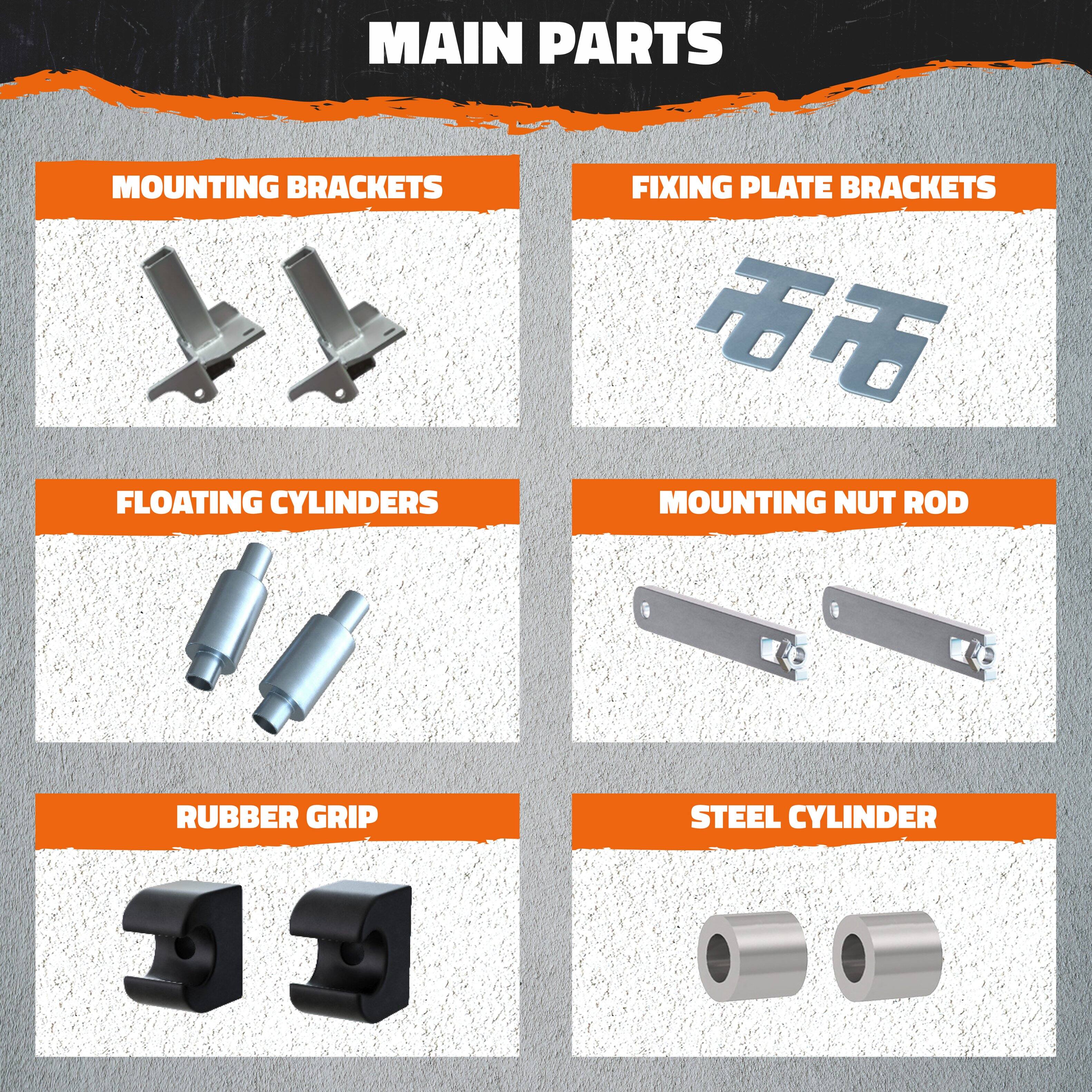 MAIN PARTS

- MOUNTING BRACKETS
- FIXING PLATE BRACKETS
- FLOATING CYLINDERS
- MOUNTING NUT ROD
- RUBBER GRIP
- STEEL CYLINDER