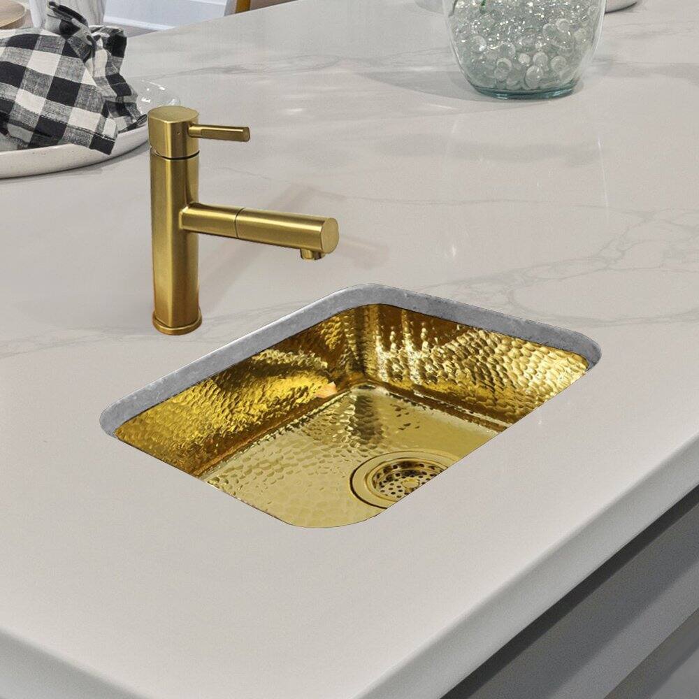 Angle. Whitehaus - Rectangular Undermount Entertainment/Prep Sink with a Hammered Texture Surface - Brass.