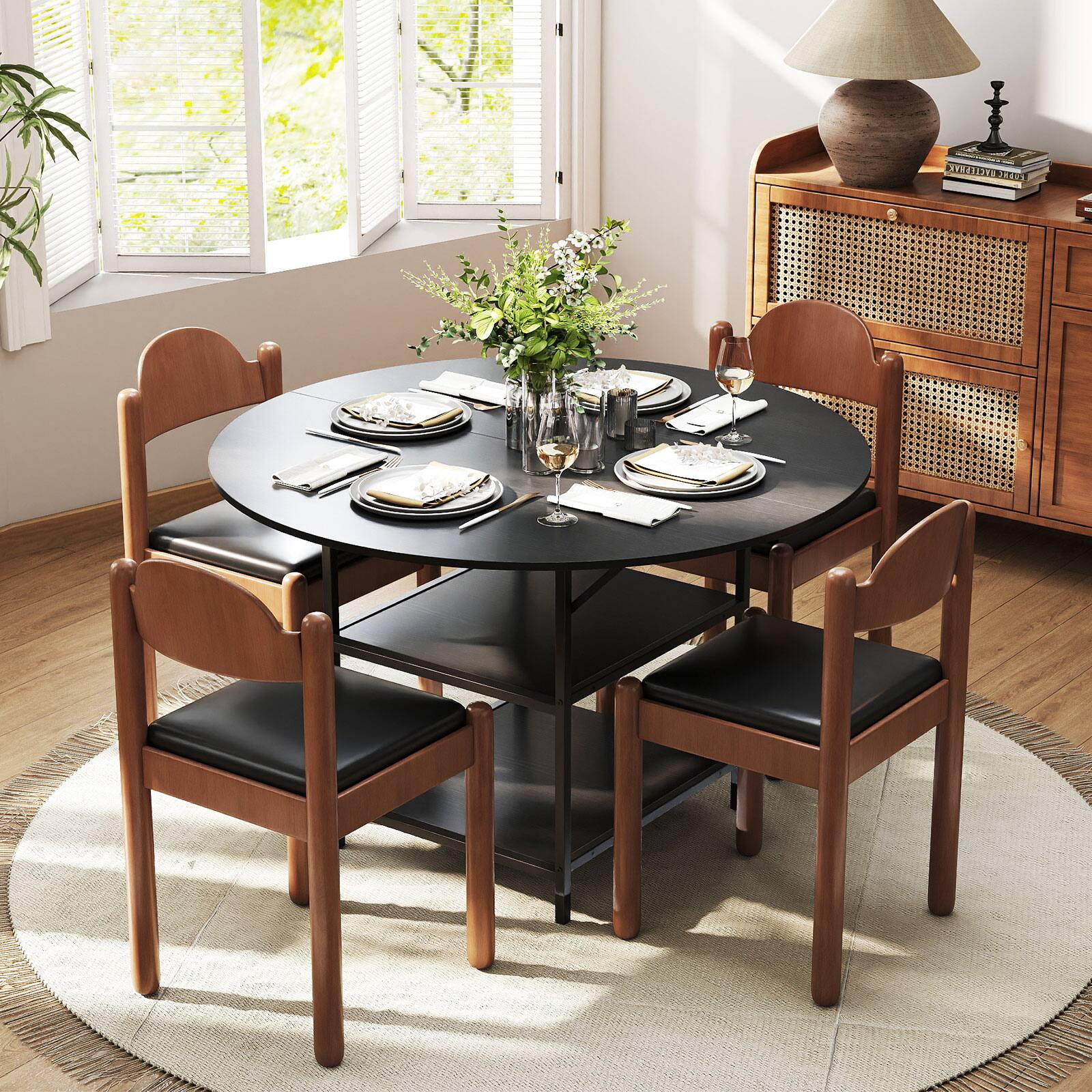 Alt View 1. Gymax - Gymax 47'' Round Dining Table for w/2-Tier Storage Shelves & Heavy-Duty Metal Frame Black - Black.
