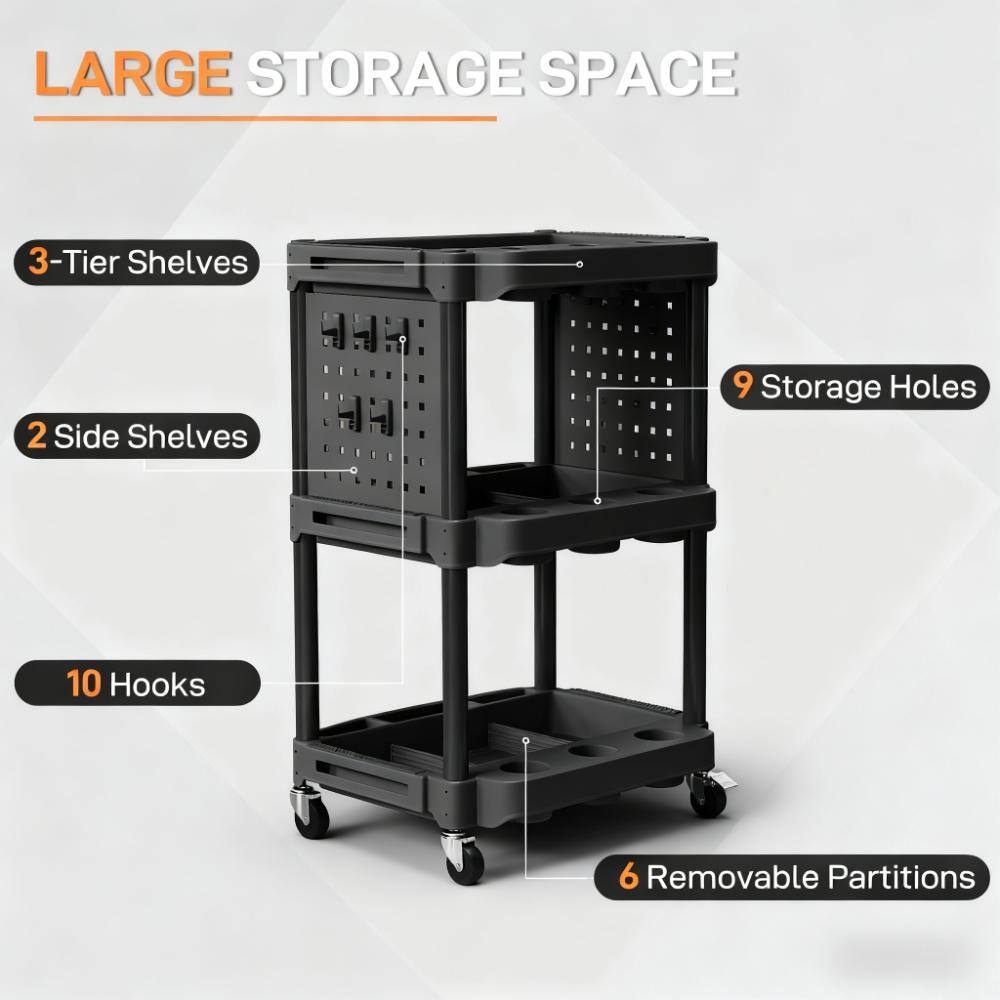 LARGE STORAGE SPACE

- 3-Tier Shelves
- 2 Side Shelves
- 9 Storage Holes
- 10 Hooks
- 6 Removable Partitions