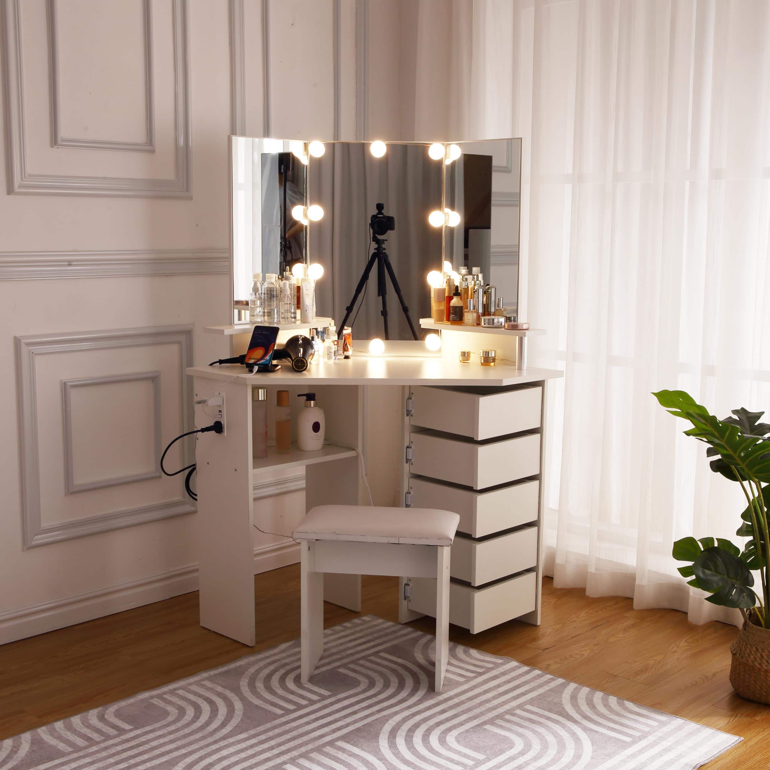 Acekool - Farmhouse Vanity Desk with Mirror and Lights,Modern Makeup Vanity with Charging Station - White