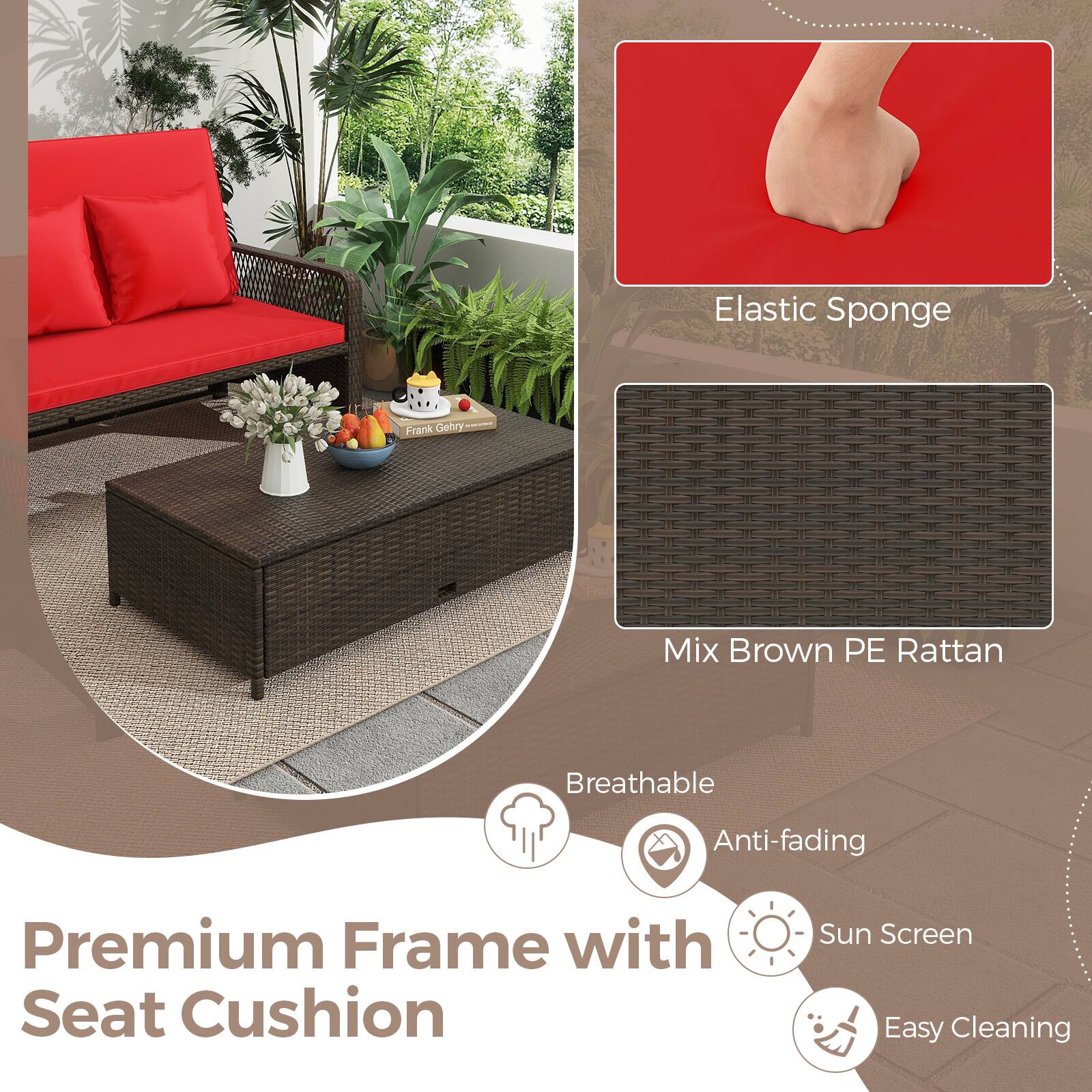 Elastic Sponge  
Frank Gehry  
Mix Brown PE Rattan  
Breathable  
Anti-fading  
Sun Screen  
Easy Cleaning  

Premium Frame with Seat Cushion