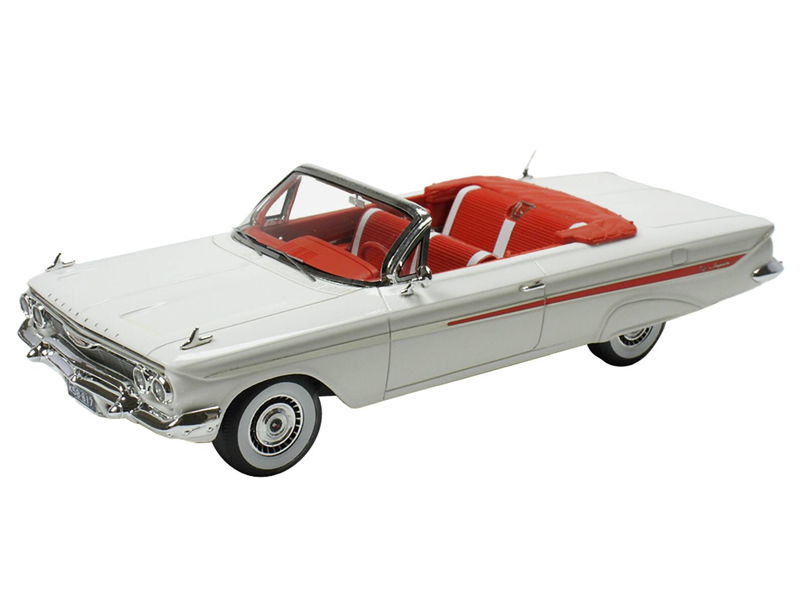 Angle. Goldvarg Collection - 1961 Chevrolet Impala Convertible White with Red Interior Limited Edition to 240 pieces Worldwide 1/43 Model Car - White with Red.