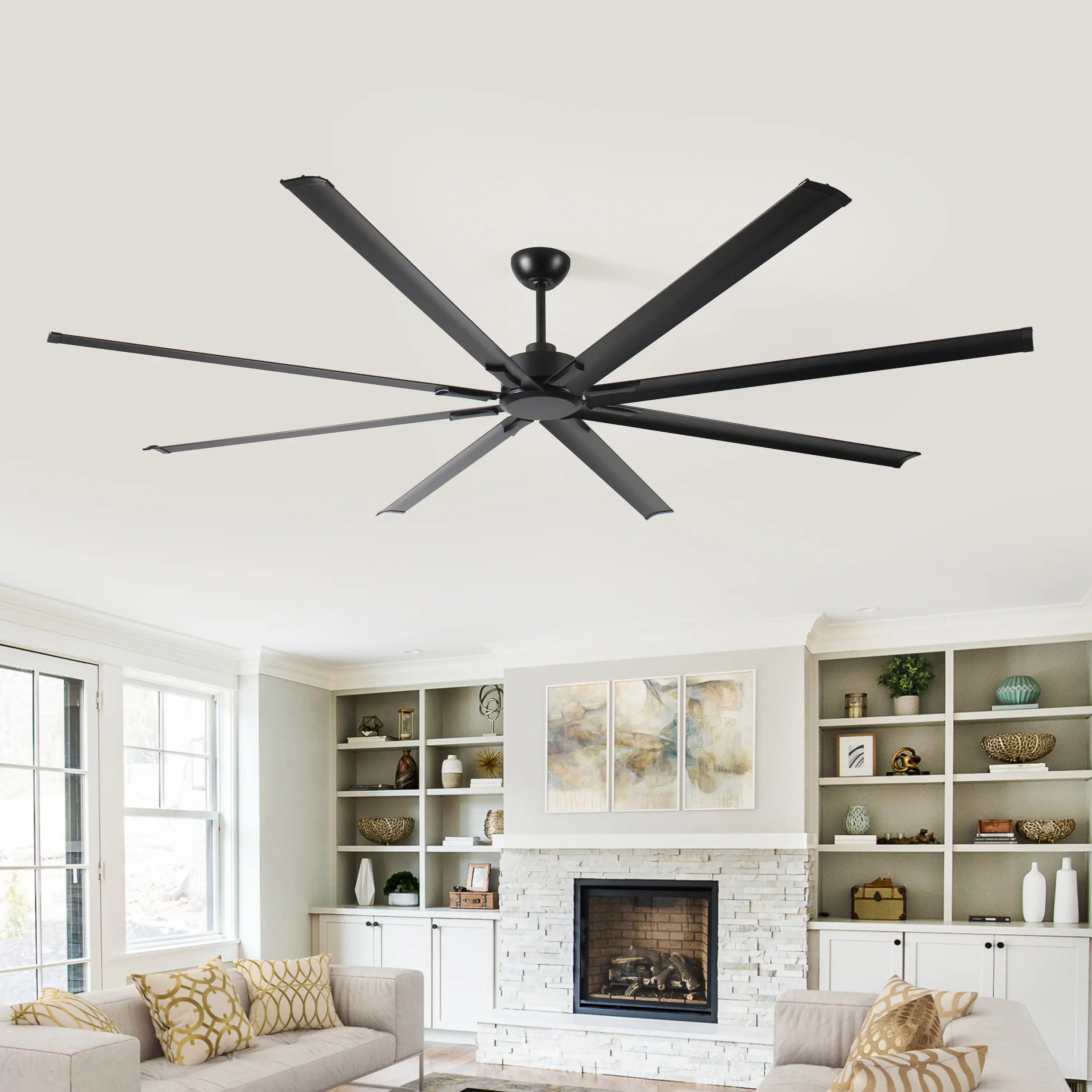 Back. APRILSOUL - 96 Inch Industrial DC Ceiling Fan 8 Reversible Blades 5 Speed Remote Black - Black.