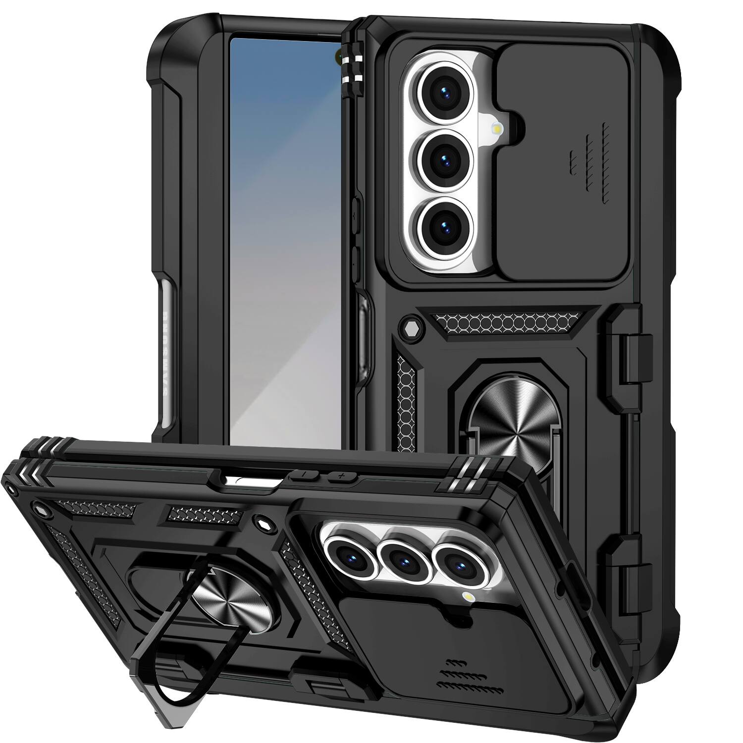 Dteck - For Samsung Galaxy Z Fold 7 Heavy Duty Rugged Case Sliding Lens Cover Ring Kickstand Hinge Protection Cover Pen Hoder - Black