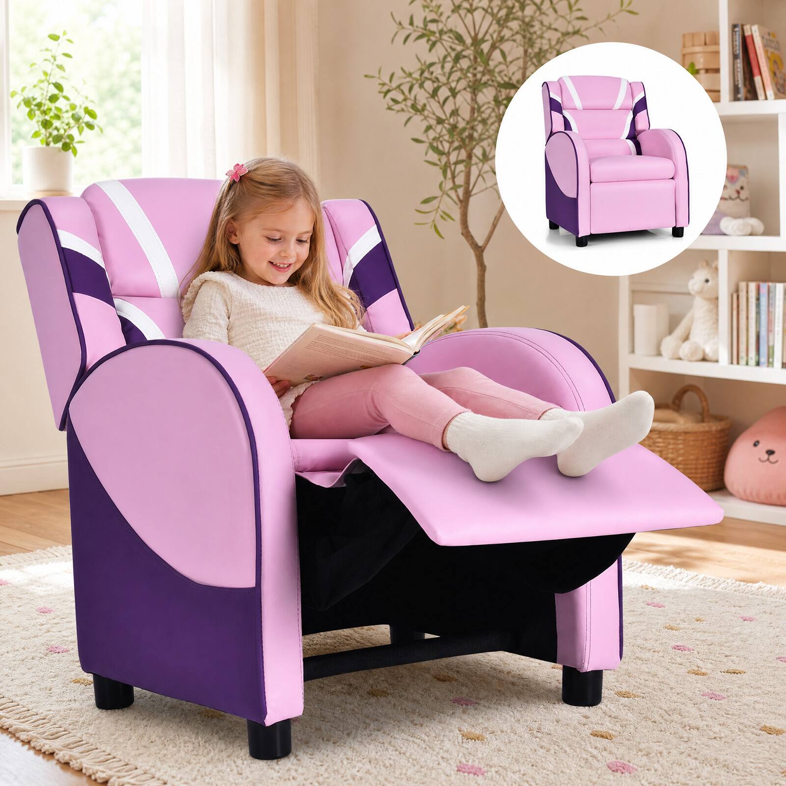 Alt View 5. Costway - Kids Recliner Chair Gaming Sofa PU Leather Armchair w/Side Pockets Pink - Pink.