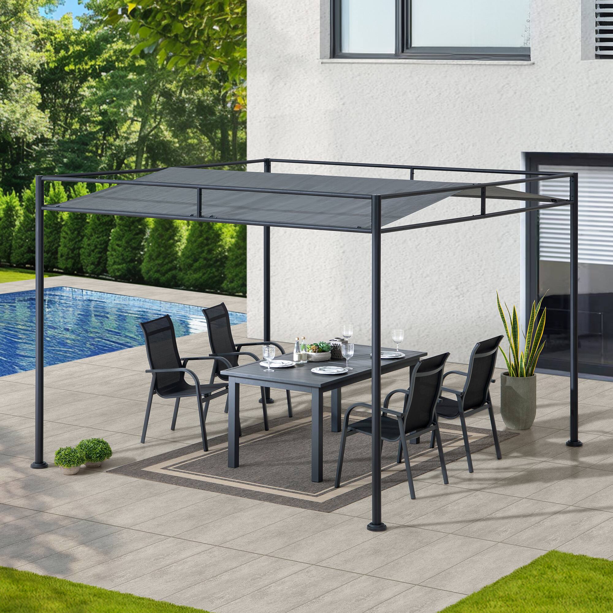 Angle. SUNJOY - SUNJOY 10'x10' Outdoor Lean to Pergola with Sun Shade, Black Sling Fabric, Metal Canopy for Patio, Garden, Yard & Deck.