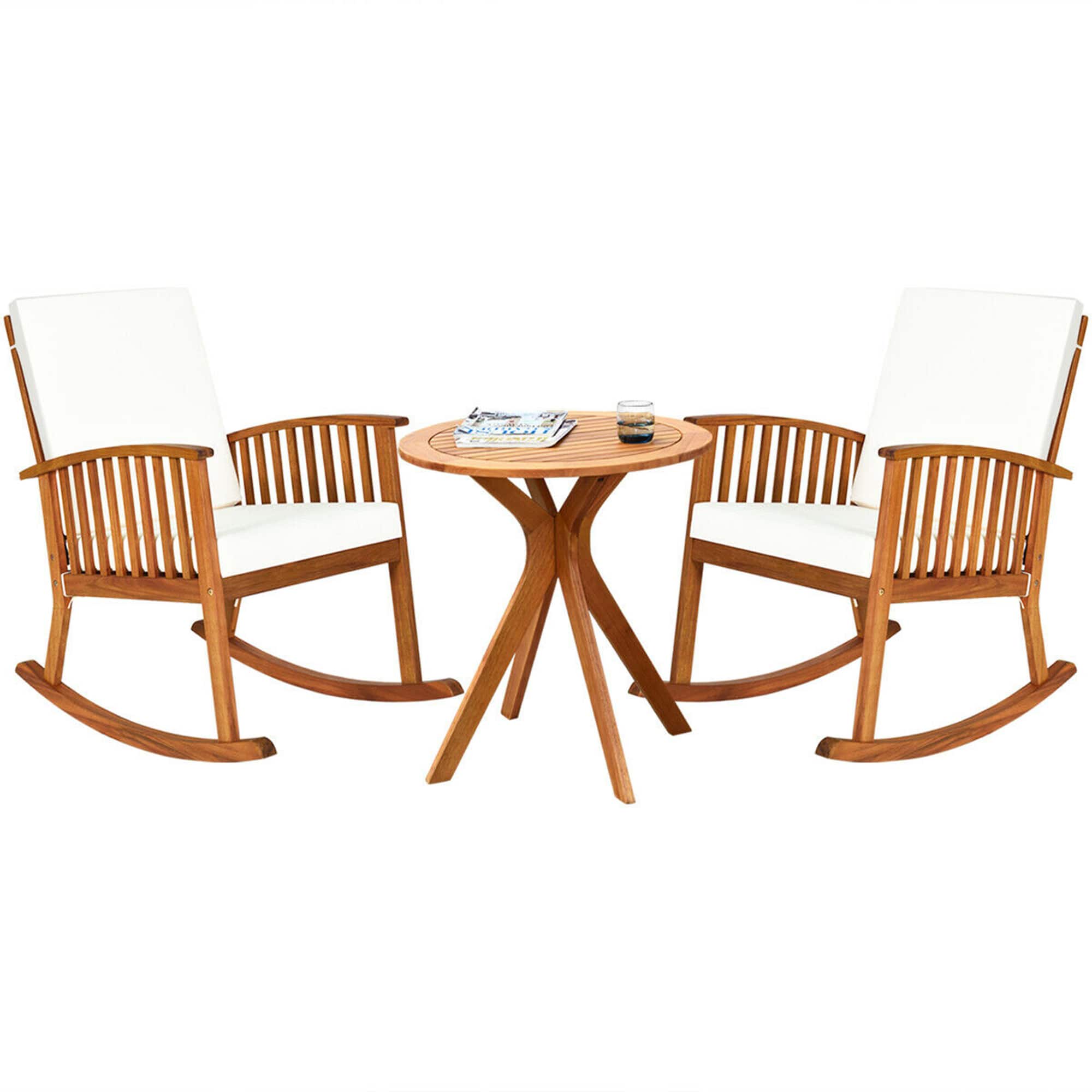 Gymax - 3PCS Patio Rocking Chair Set Round Table Solid Wood Cushioned Sofa Garden Deck - Teak price history on PriceWatchPro