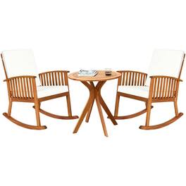 Gymax - 3PCS Patio Rocking Chair Set Round Table Solid Wood Cushioned Sofa Garden Deck - Teak