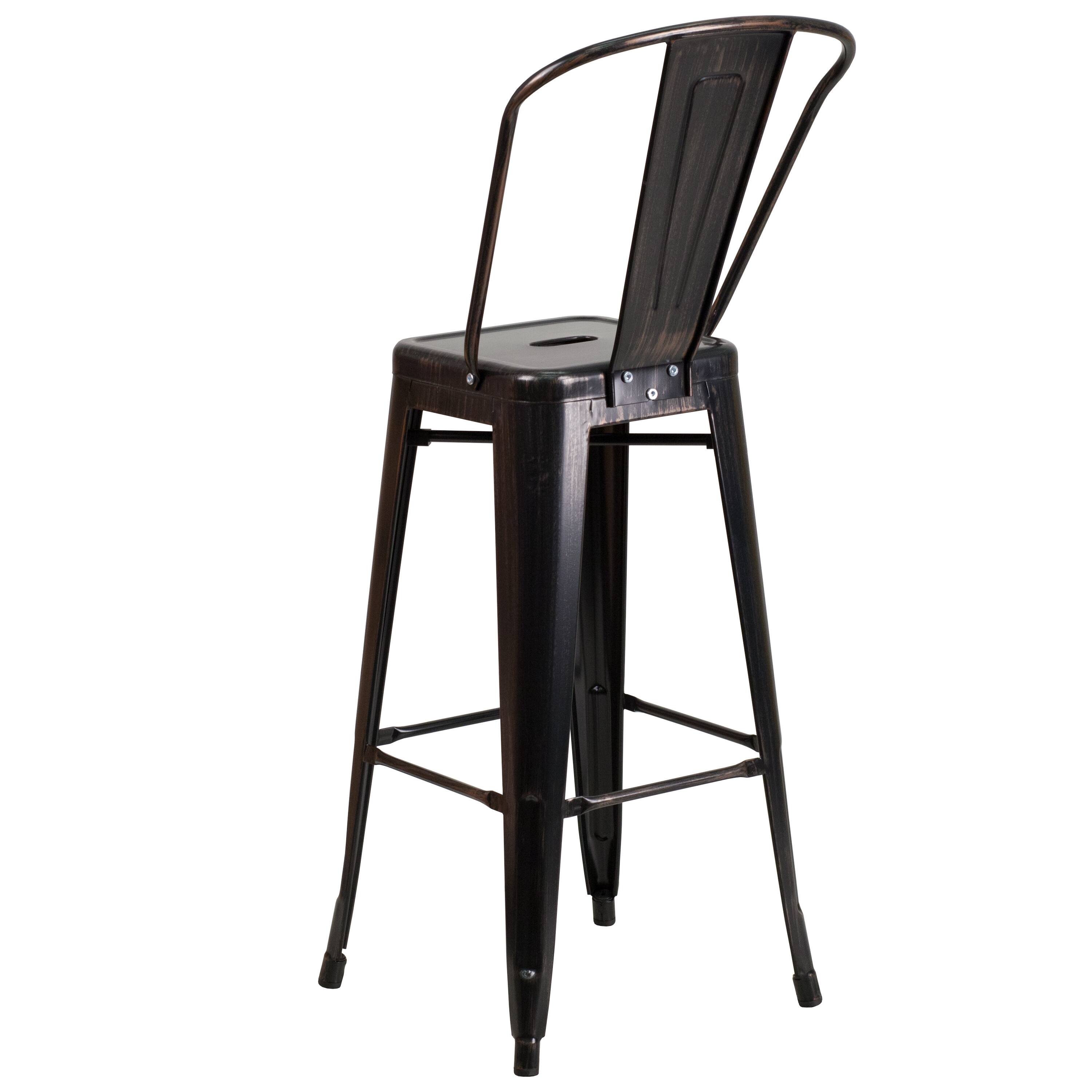 Alt View 5. Emma + Oliver - Commercial Grade 30"H Colorful Metal Indoor-Outdoor Barstool with Back - Black-Antique Gold.