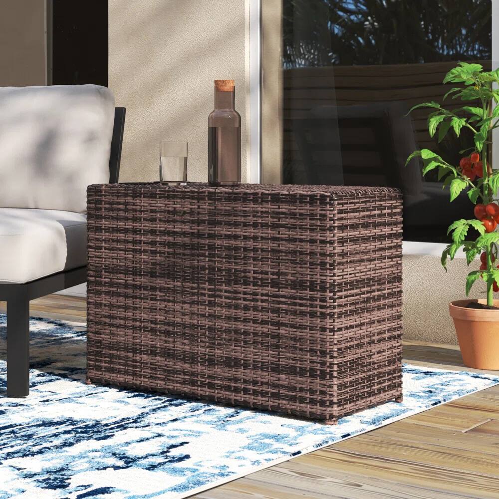 Front. Mondawe - Wicker Outdoor Side Table with Dual Cup Holders - Brown.
