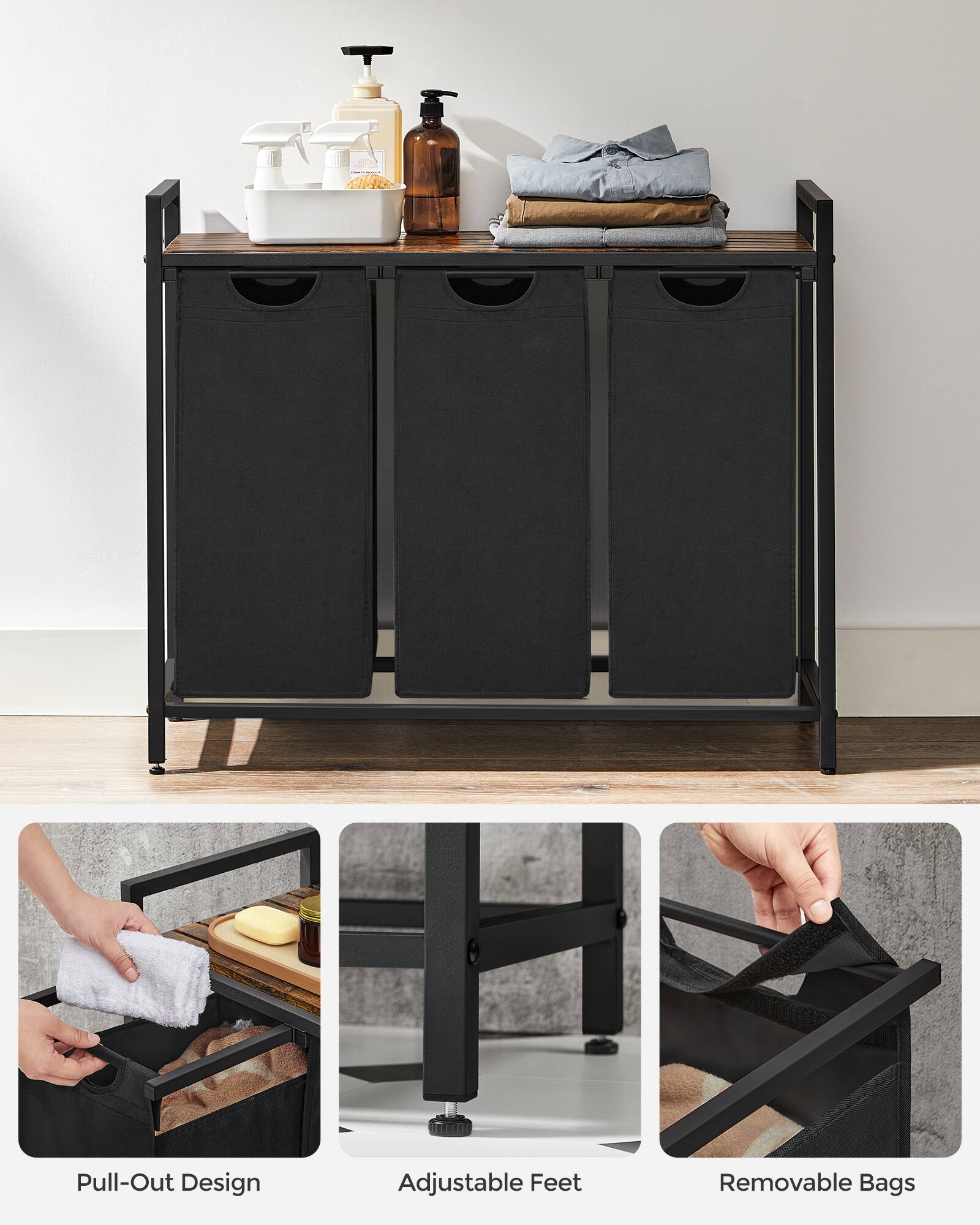 Pull-Out Design  
Adjustable Feet  
Removable Bags