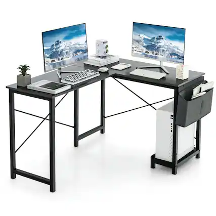 Front. Pefilos - Modern Reversible Computer Desk with Storage Pocket & CPU Stand for Working Writing Gaming-Dark Gray, Office Desk, Desks - Gray.