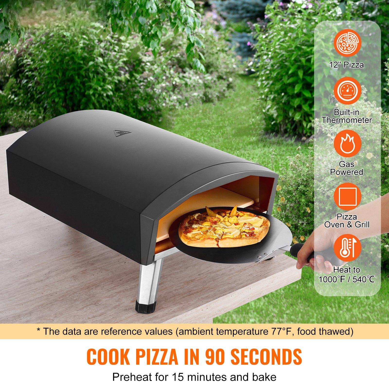 12" Pizza Built-in Thermometer Gas Powered Pizza Oven & Grill Heat to 1000°F / 540°C

*The data are reference values (ambient temperature 77°F, food thawed)

COOK PIZZA IN 90 SECONDS
Preheat for 15 minutes and bake