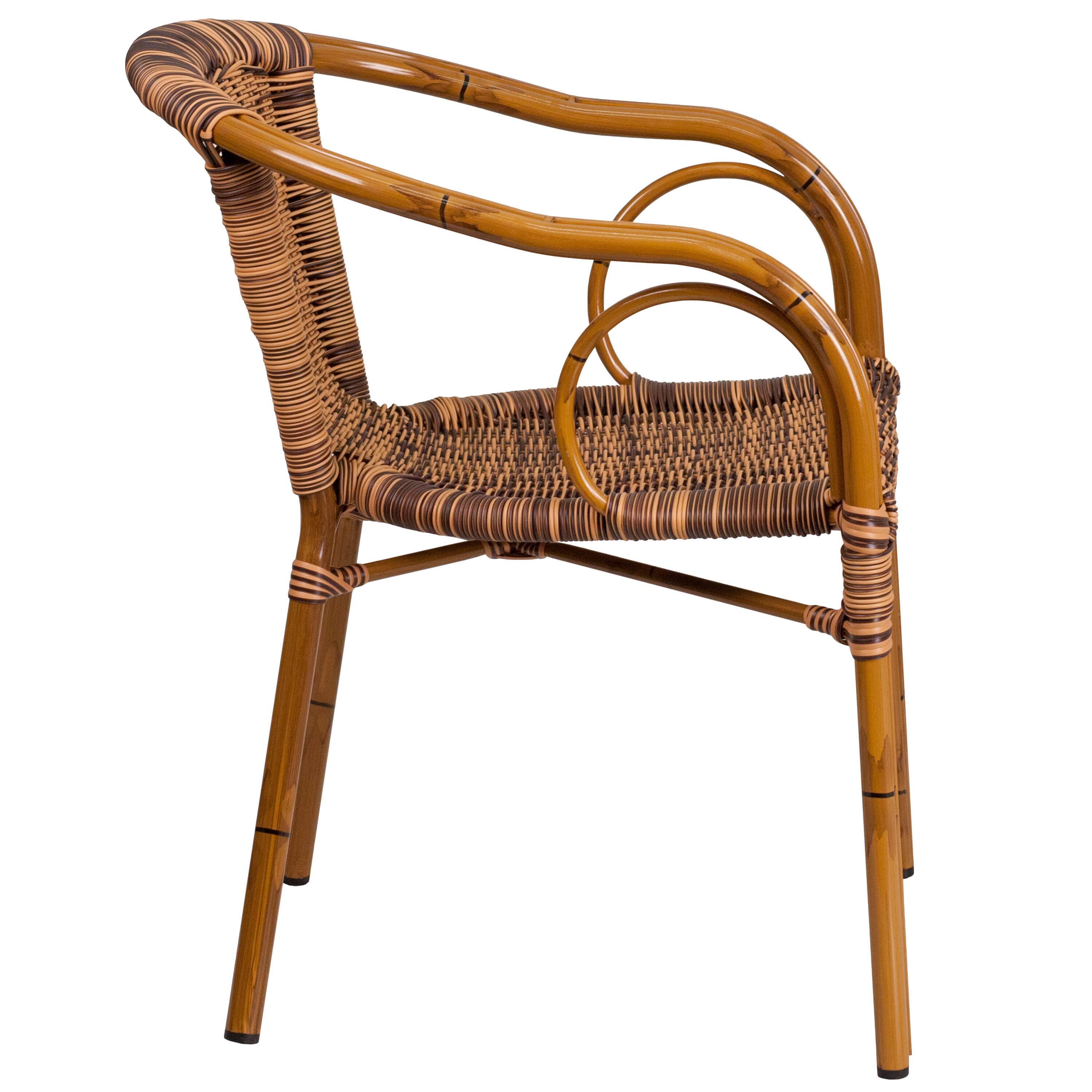Alt View 6. Emma + Oliver - 3 Pack Rattan Restaurant Patio Chair with Bamboo-Aluminum Frame - Burning Brown Rattan/Dark Red Bamboo-Aluminum.