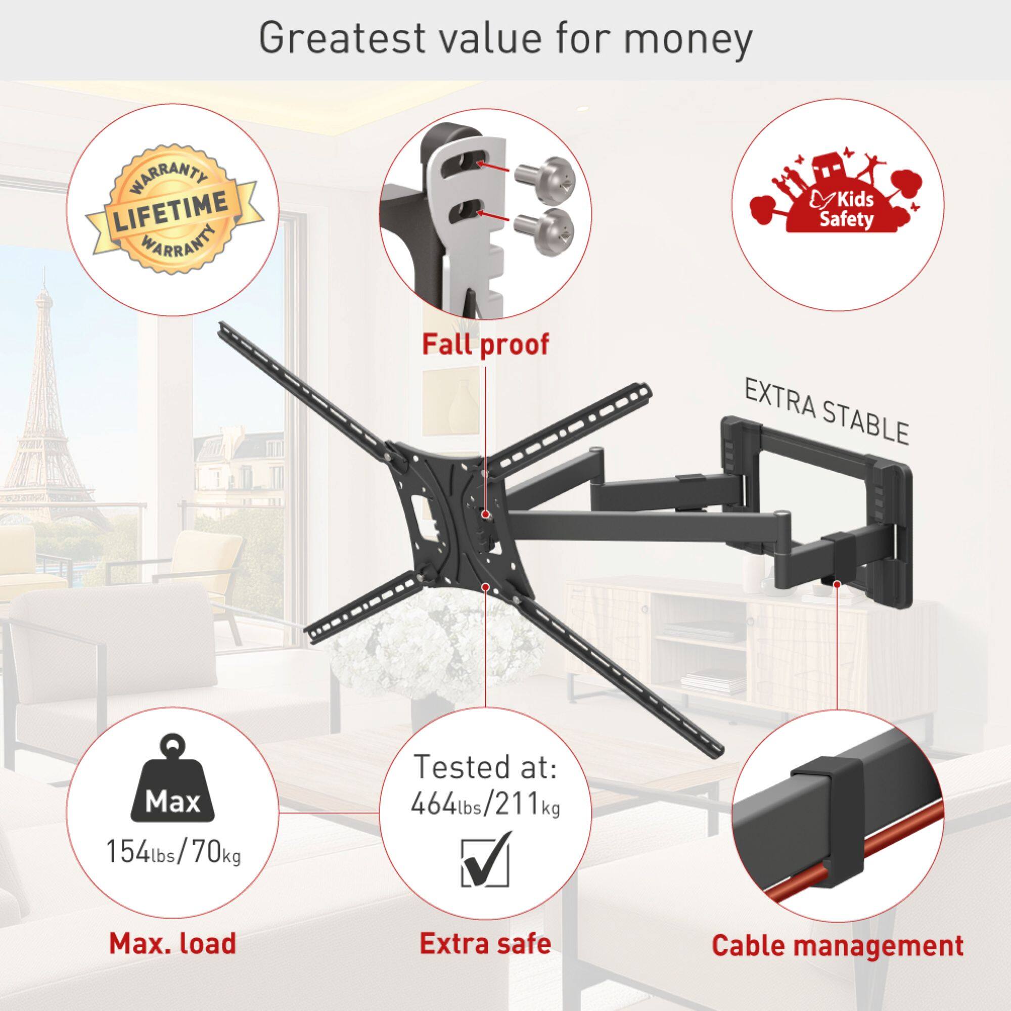 Greatest value for money

- WARRANTY LIFETIME WARRANTY
- Kids Safety
- Fall proof
- EXTRA STABLE
- Max 154lbs/70kg
- Tested at: 464lbs/211kg
- Extra safe
- Cable management