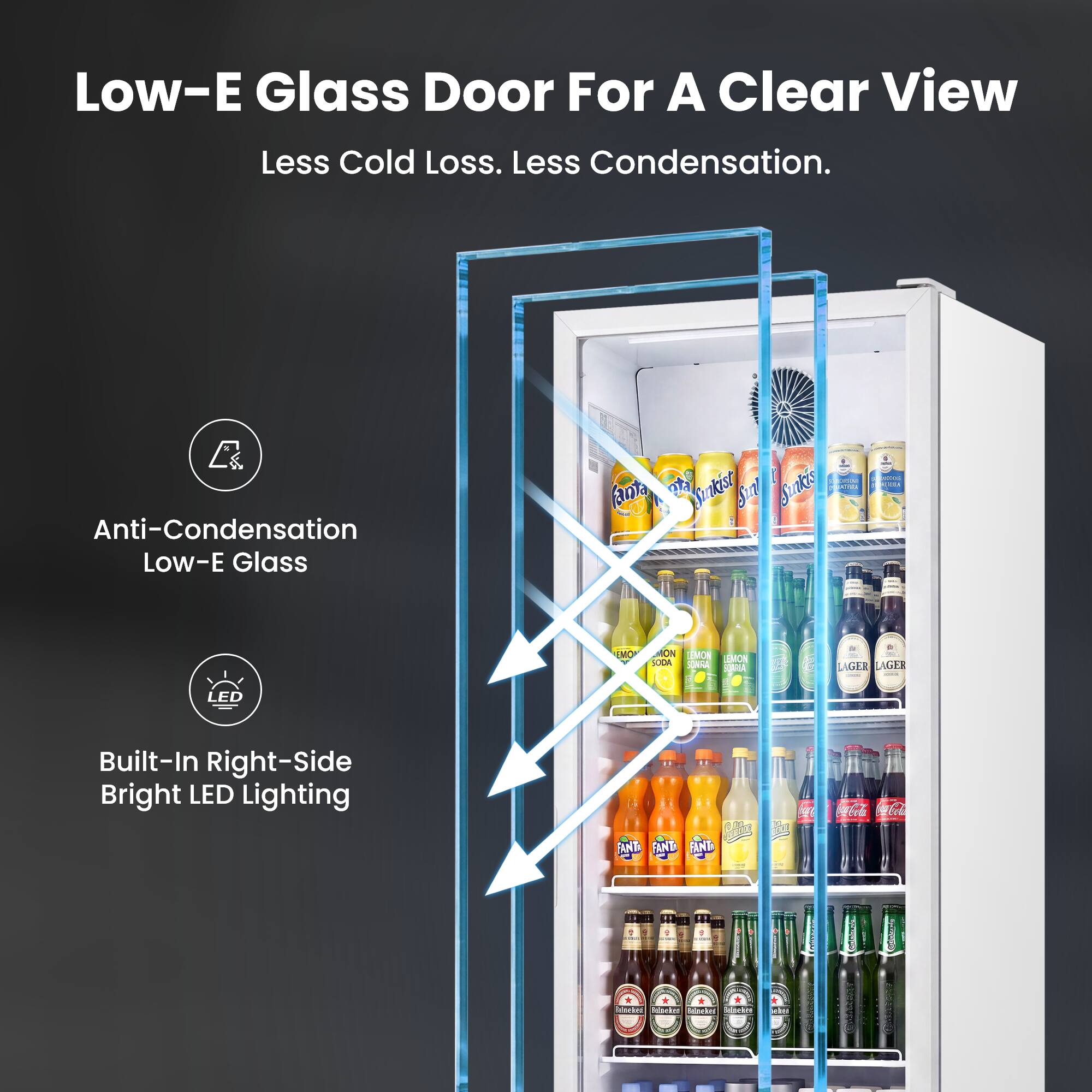 Low-E Glass Door For A Clear View  
Less Cold Loss. Less Condensation.  
B. Anti-Condensation Low-E Glass  
ga Sunkist Sur Junakis J C I ... IMO ACN IMOR SOGA JIC ORNA GAA -e LAGIEE LAGER LED  
Built-In Right-Side Bright LED Lighting  
CODg FANT FAND FANE - F id W62 - - | i : ne ote - i -..  
Socin ... . .