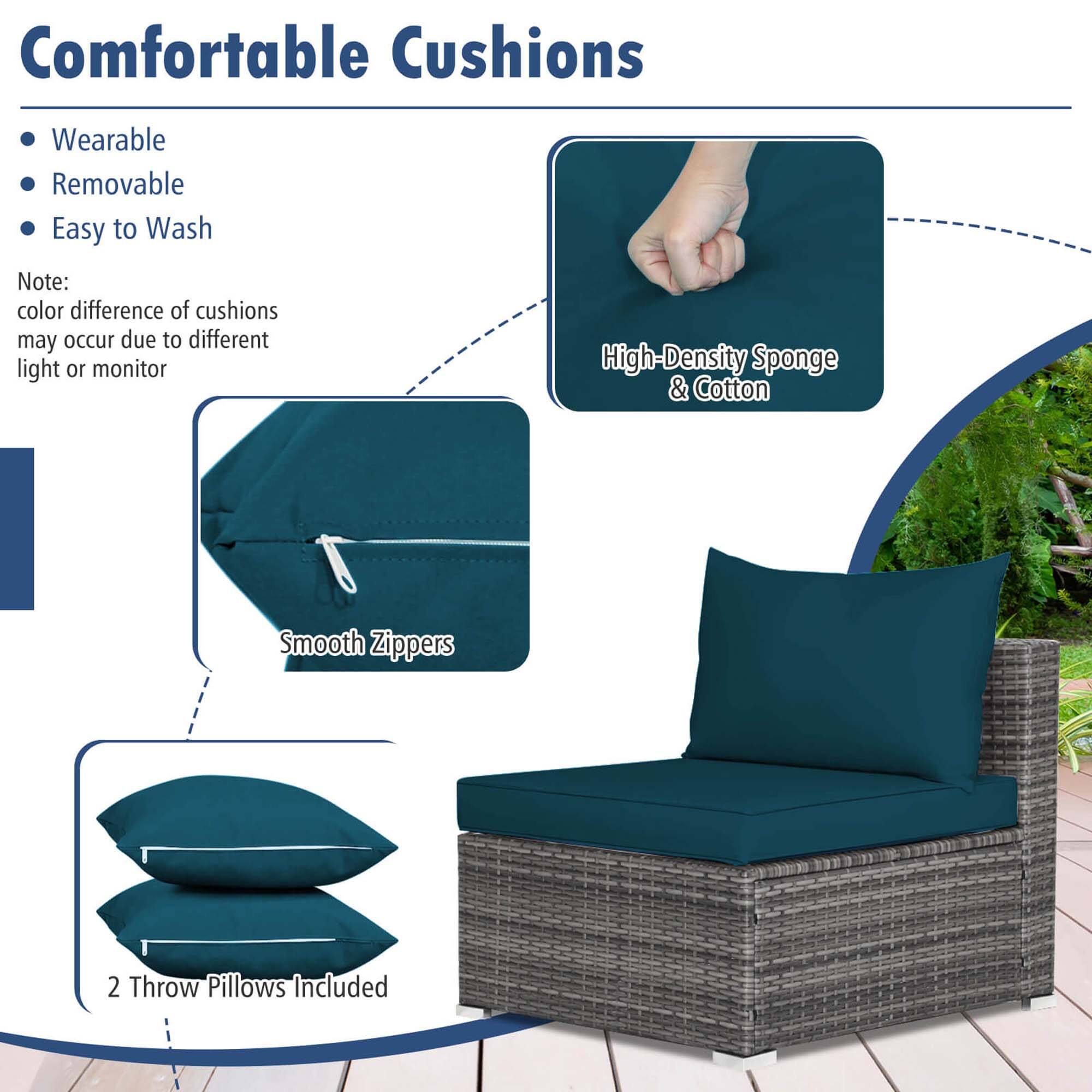 Comfortable Cushions: Wearable, Removable, Easy to Wash. Note: Color difference of cushions may occur due to different light or monitor. High-Density Sponge & Cotton. Smooth Zippers. 2 Throw Pillows Included.