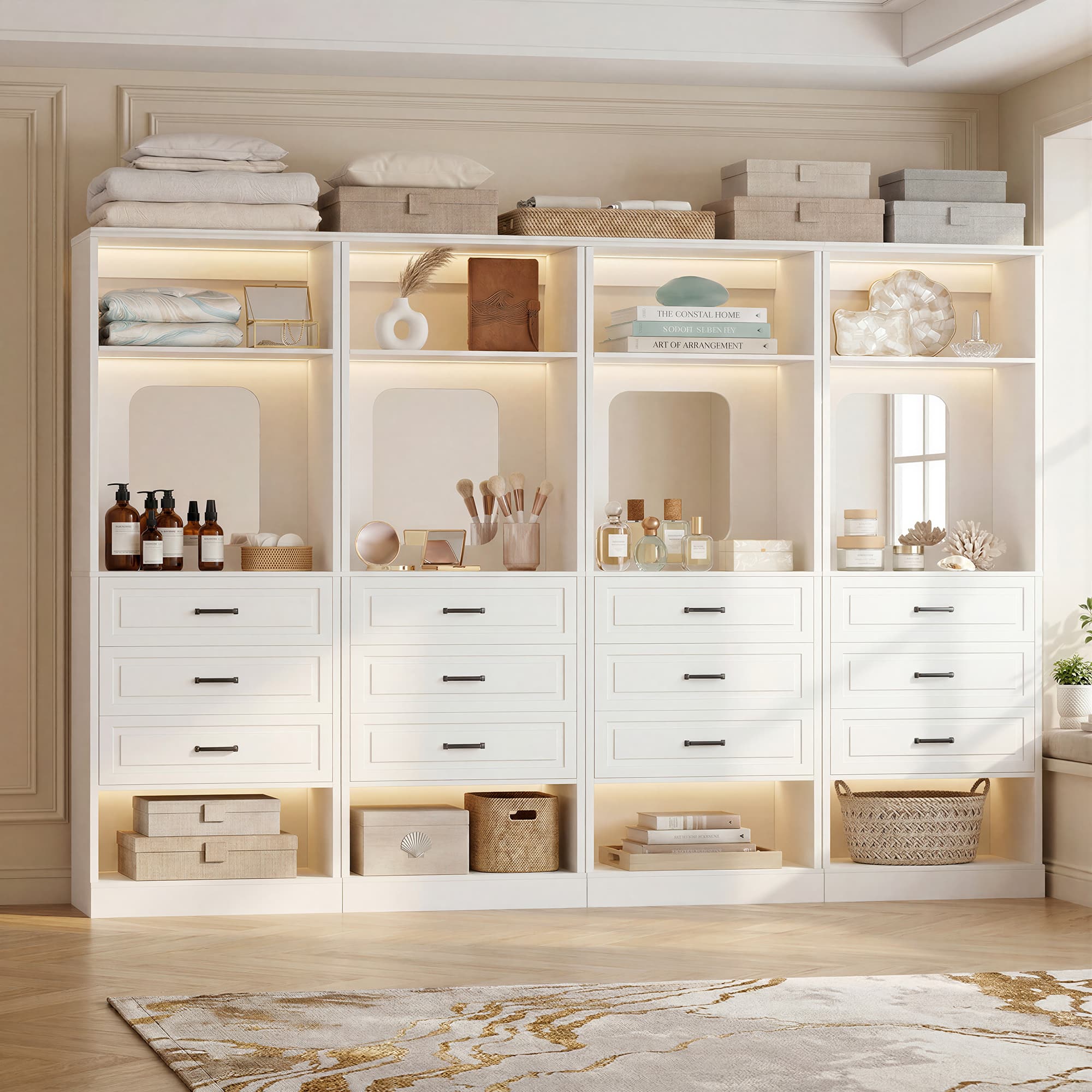 Aheaplus - 100" Wide 4-Piece Freestanding Closet Storage System with 12 Drawers and Built-In Mirror - White