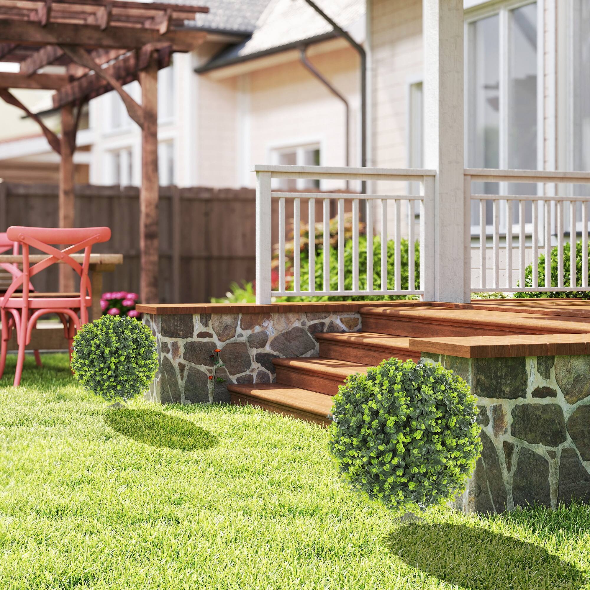 Alt View 1. Homcom - Outdoor Faux Plants Set of 2 Artificial Boxwood Topiary Ball Bush 15.7" with Integrated Ground Stake, Indoor Outdoor UV - Green.