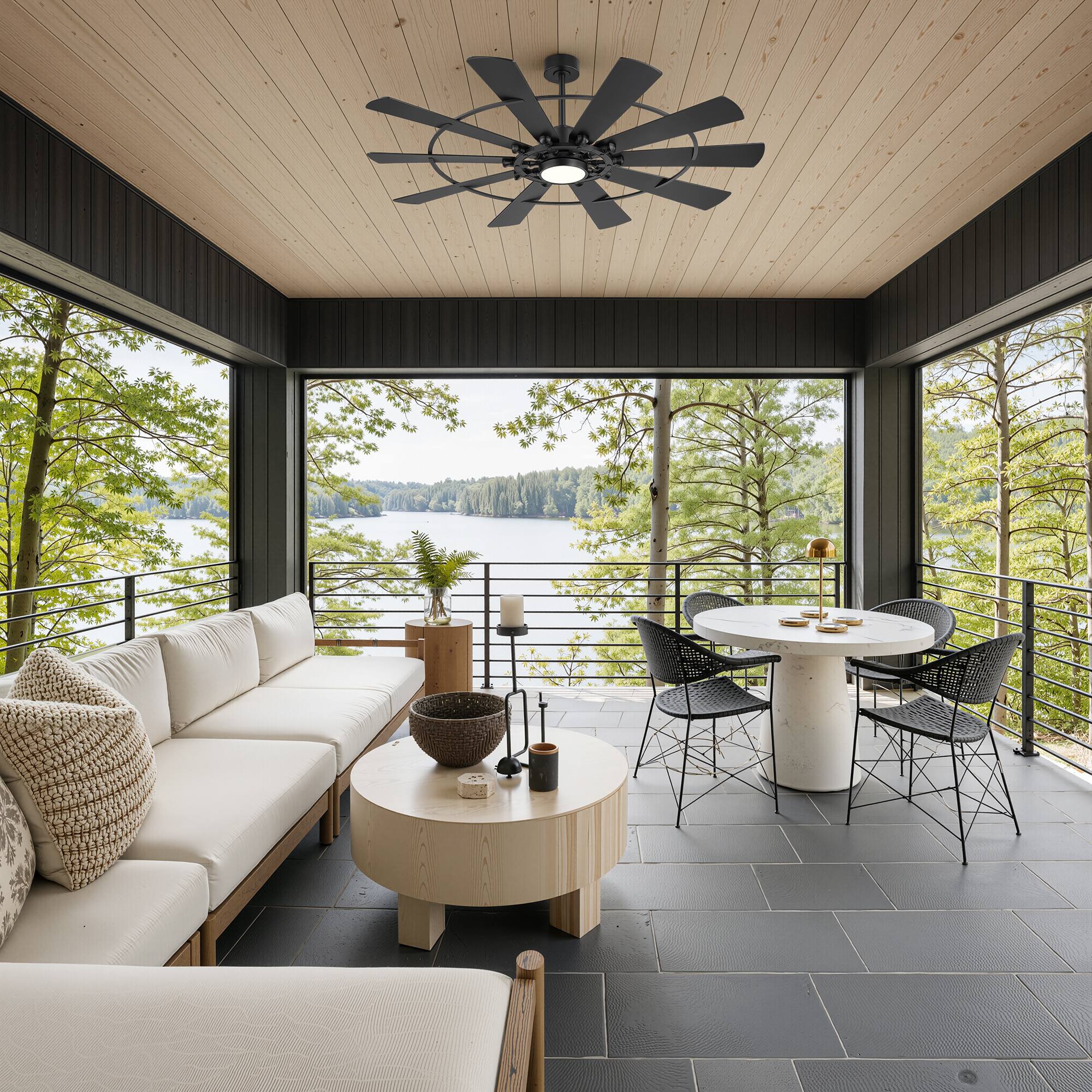 Alt View 6. Breezary - 62-Inch LED Ceiling Fan with Remote, 10 Blades, 3-Color Dimmable Light, Acrylic Shade, Dual Downrods - Black.