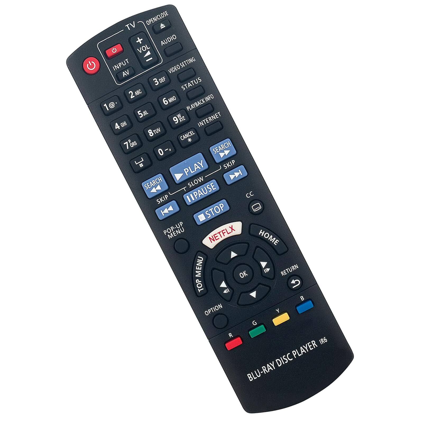 TV OPEN/CLOSE  
VOL +  
AUDIO  
INPUT AV  
VOL SETTING  
3 DEF  
STATUS  
2 ABC  
6 MNO  
PLAYBACK INFO  
5m 9 4 GH  
INTERNET  
8 TUV  
CANCEL  
SEARCH  
0 #  
PLAY  
SKIP  
SLOW  
SKIP  
IIPAUSE  
CC  
STOP  
POP-UP  
NETFLX  
HOME  
MENU  
OK  
RETURN  
TOP MENU  
OPTION  
Y  
G  
R  
B  
BLU-RAY DISC PLAYER (R6)