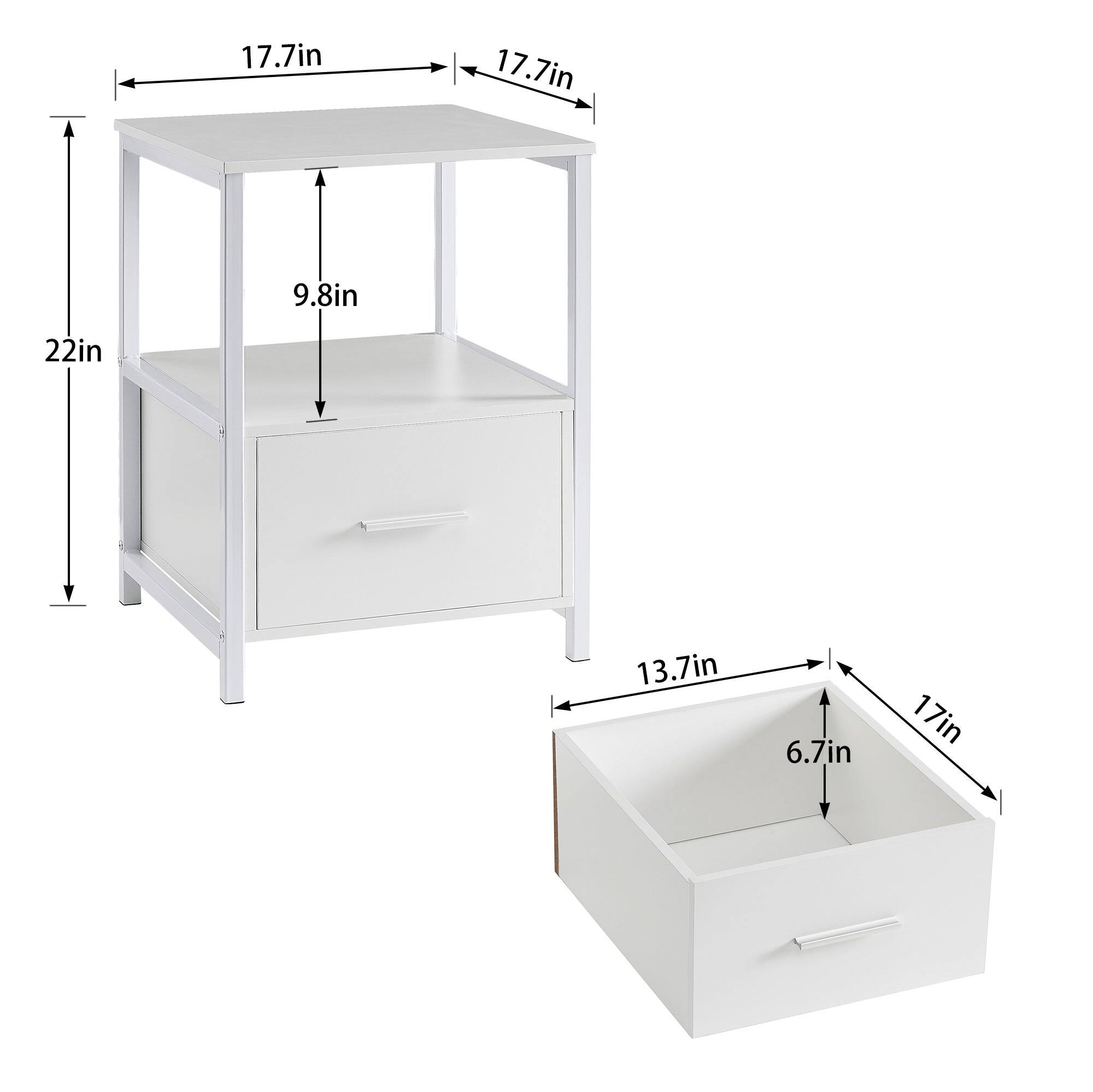 - Top surface width: 17.7in
- Top surface depth: 17.7in
- Height from floor to top surface: 22in
- Height from top surface to bottom shelf: 9.8in
- Bottom shelf width: 13.7in
- Bottom shelf depth: 17in
- Bottom shelf height: 6.7in
