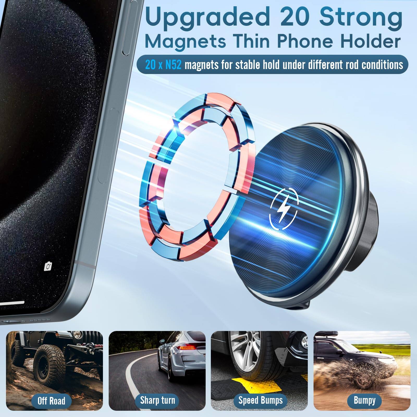 Upgraded 20 Strong Magnets Thin Phone Holder  
20 x N52 magnets for stable hold under different road conditions  

Off Road  
Sharp turn  
Speed Bumps  
Bumpy