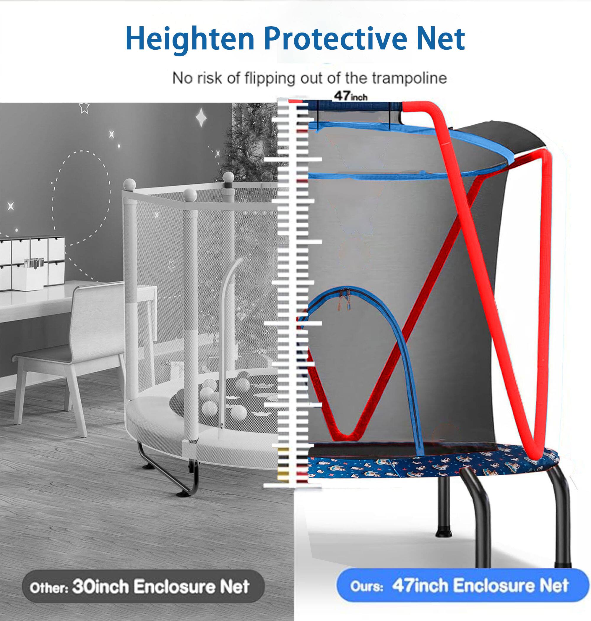 Heighten Protective Net  
No risk of flipping out of the trampoline  

Other: 30inch Enclosure Net  
Ours: 47inch Enclosure Net