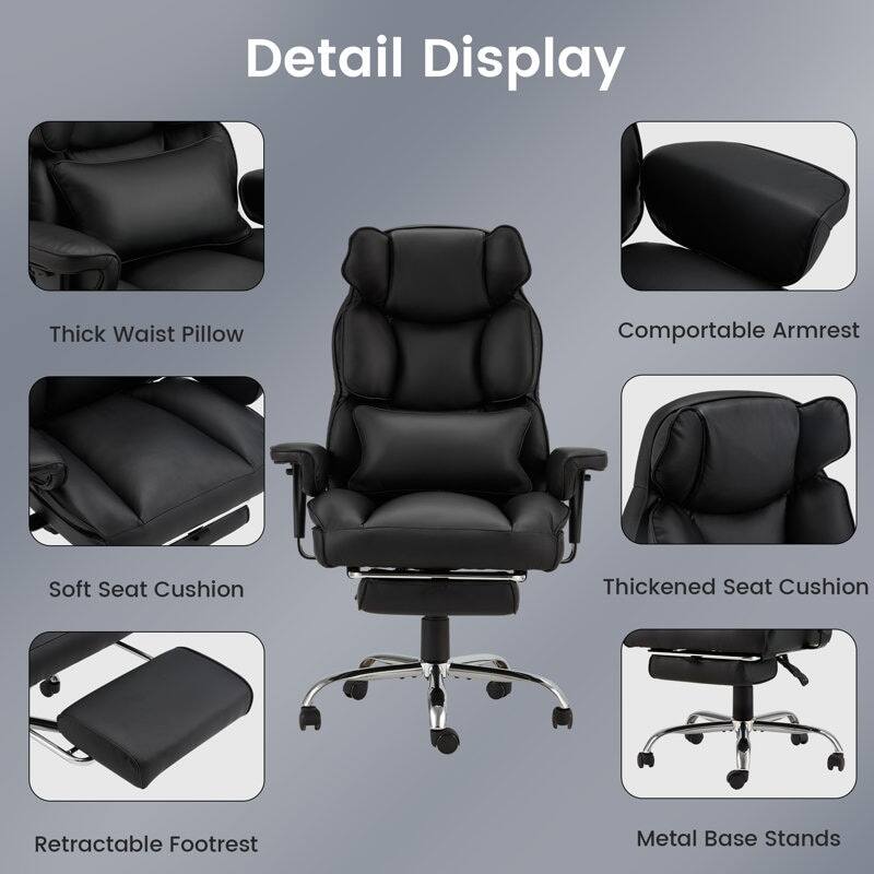 Detail Display

- Thick Waist Pillow
- Comportable Armrest
- Soft Seat Cushion
- Thickened Seat Cushion
- Retractable Footrest
- Metal Base Stands