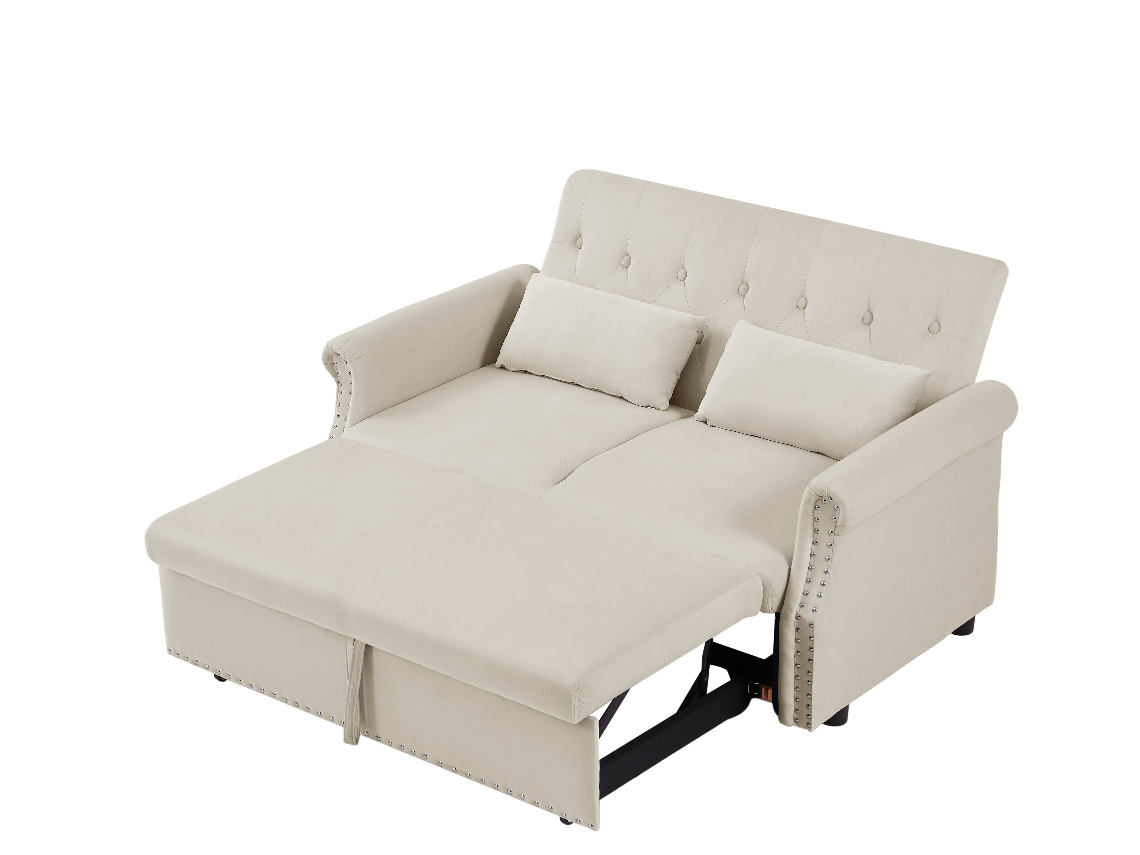 Alt View 8. Tiramisubest - Modern Velvet Convertible Loveseat Sleeper Sofa with 2 Lumbar Pillows,Adjustable Pull-Out Bed,Removable Armrest,Beige - Beige.