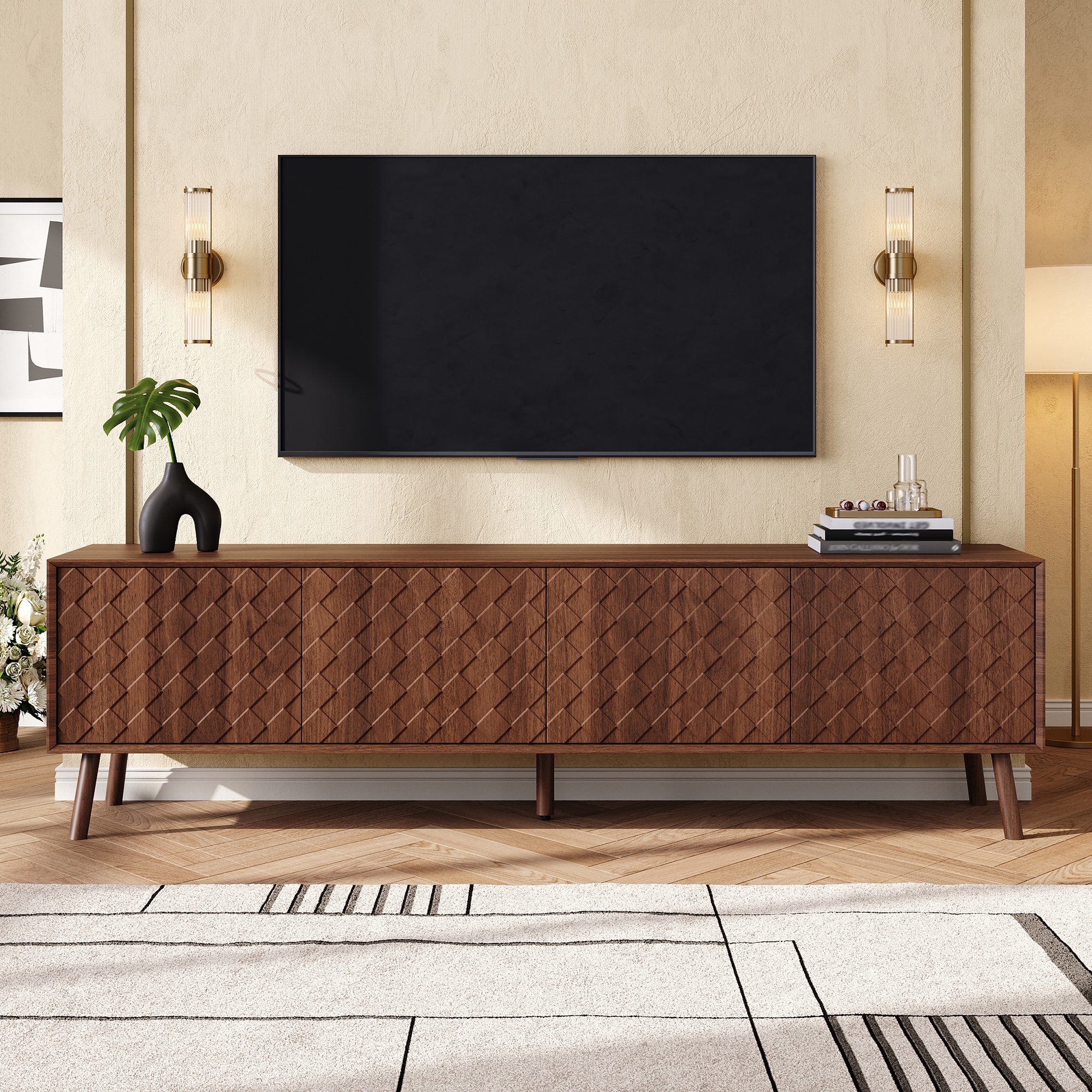 MERAVOM - Mid-Century Modern TV Stand for TVs Up to 80", 70 Inch Entertainment Center with Storage Cabinets for Living Room - Walnut