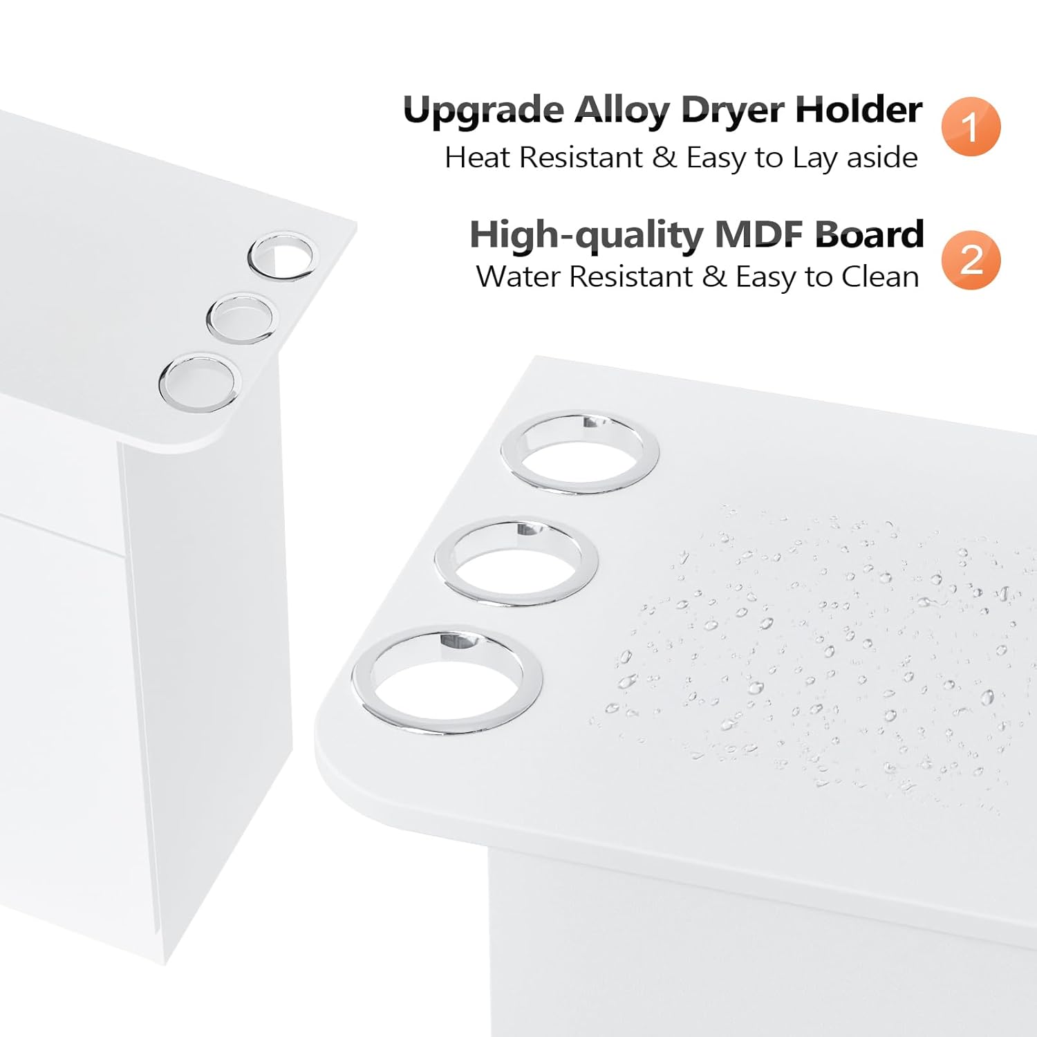 Upgrade Alloy Dryer Holder  
1. Heat Resistant & Easy to Lay aside  
High-quality MDF Board  
2. Water Resistant & Easy to Clean