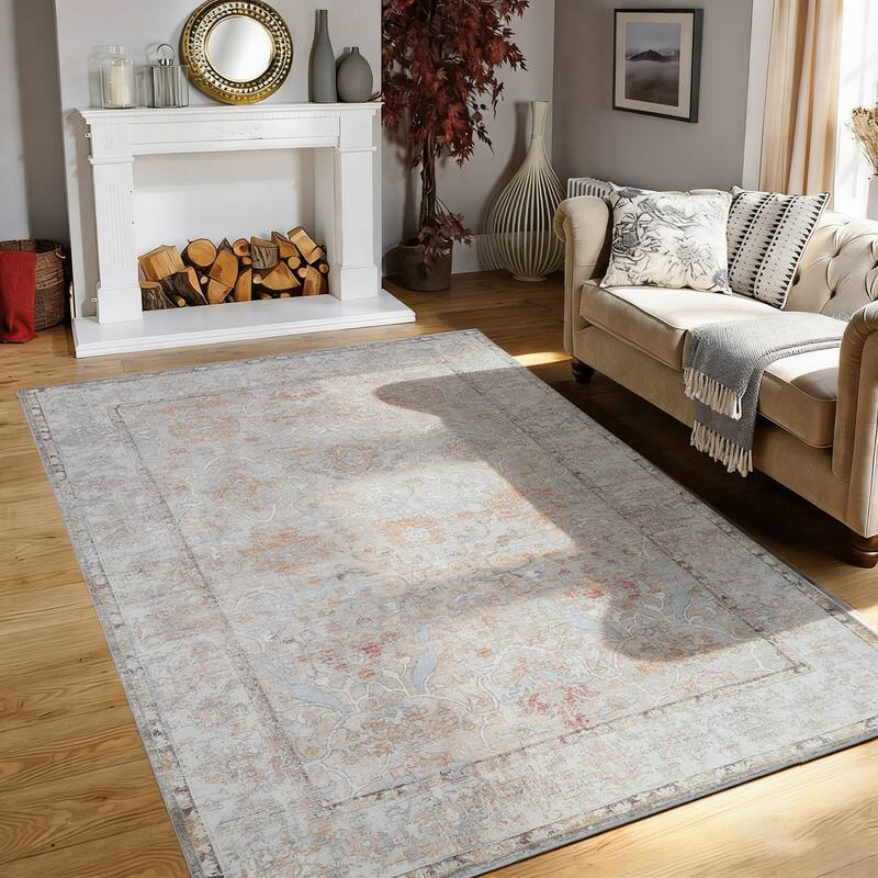 Angle. RYHNUYNE - 5x7 Area Rugs Living Room Rug Washable Vintage Boho Rug No Slip Stain Resistant Soft Carpet Indoor Floor Floral Carpets - Painting.