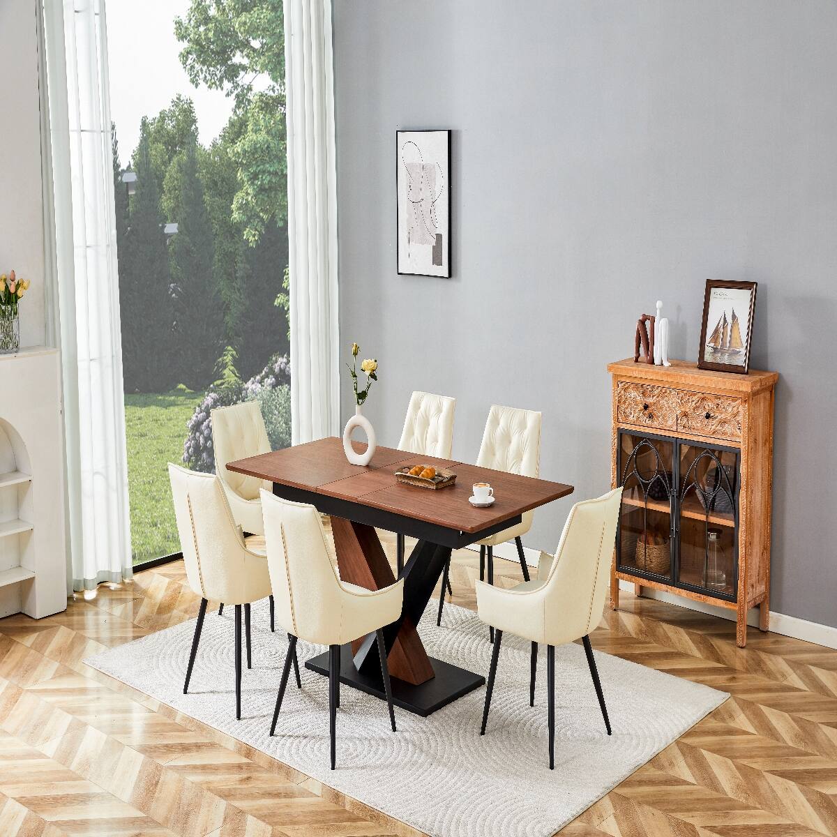 Alt View 1. Loheer - Loheer Extendable Dining Table Dark Walnut Rectangular Dining Table with Metal Cross Base - Dark Walnut.