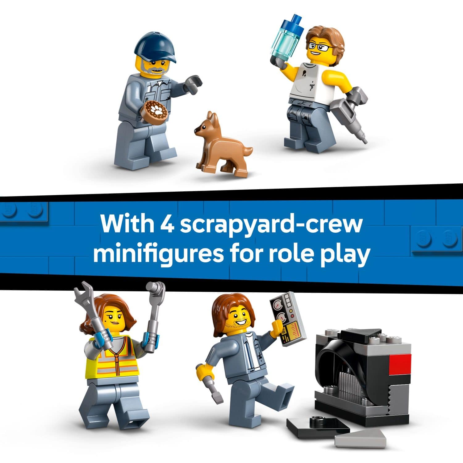 With 4 scrapyard-crew minifigures for role play.