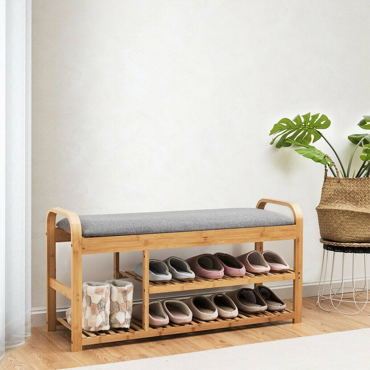 Alt View 7. Ecooso - Entryway 3-Tier Bamboo Shoe Rack Bench with Cushion - Natural.